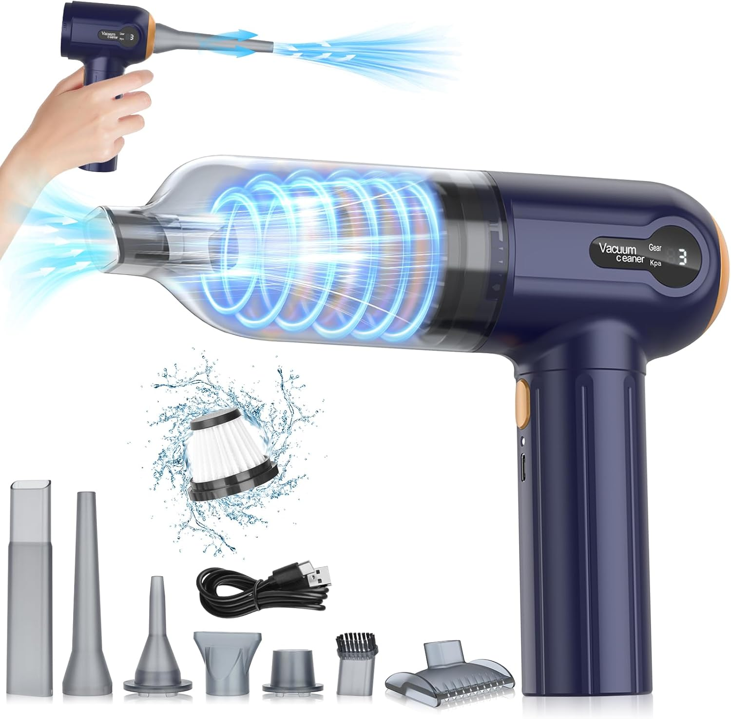 Musclez Car Vacuum Cleaner, 15000PA Mini Portable Handheld Car Vacuum Rechargeable Dust Buster, Wireless Air Blower, LED Display Powerful Cordless Vacuum Cleaner for Home Pet Hair Office(Blue Gray) image number 2