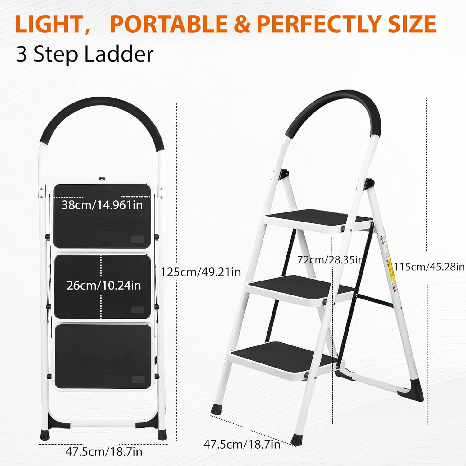 3 Step Ladder, Folding Step Stool, Portable Household Stepladder with Widen Pedal, Portable Non-Slip Rubber Mat, for Kitchen Pantry Closets Home Office, Holds up to 150 KG image number 1