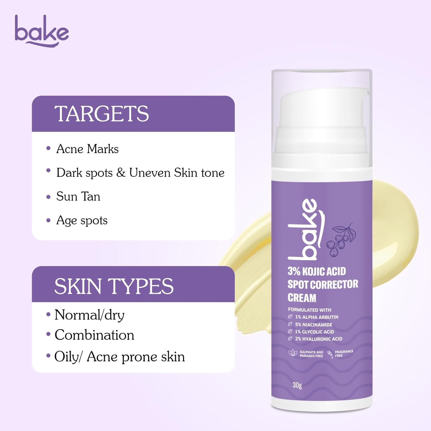 BAKE 3% Kojic Acid Dark Spot Corrector Cream with Alpha Arbutin for Pigmenation, Dark Spots & Dark Circles - 60G image number 3