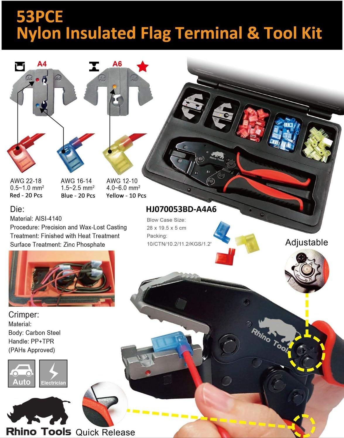 Insulated Flag Terminal Crimping Kit - Red Blue Yellow Connectors AWG 22-10 image number 6