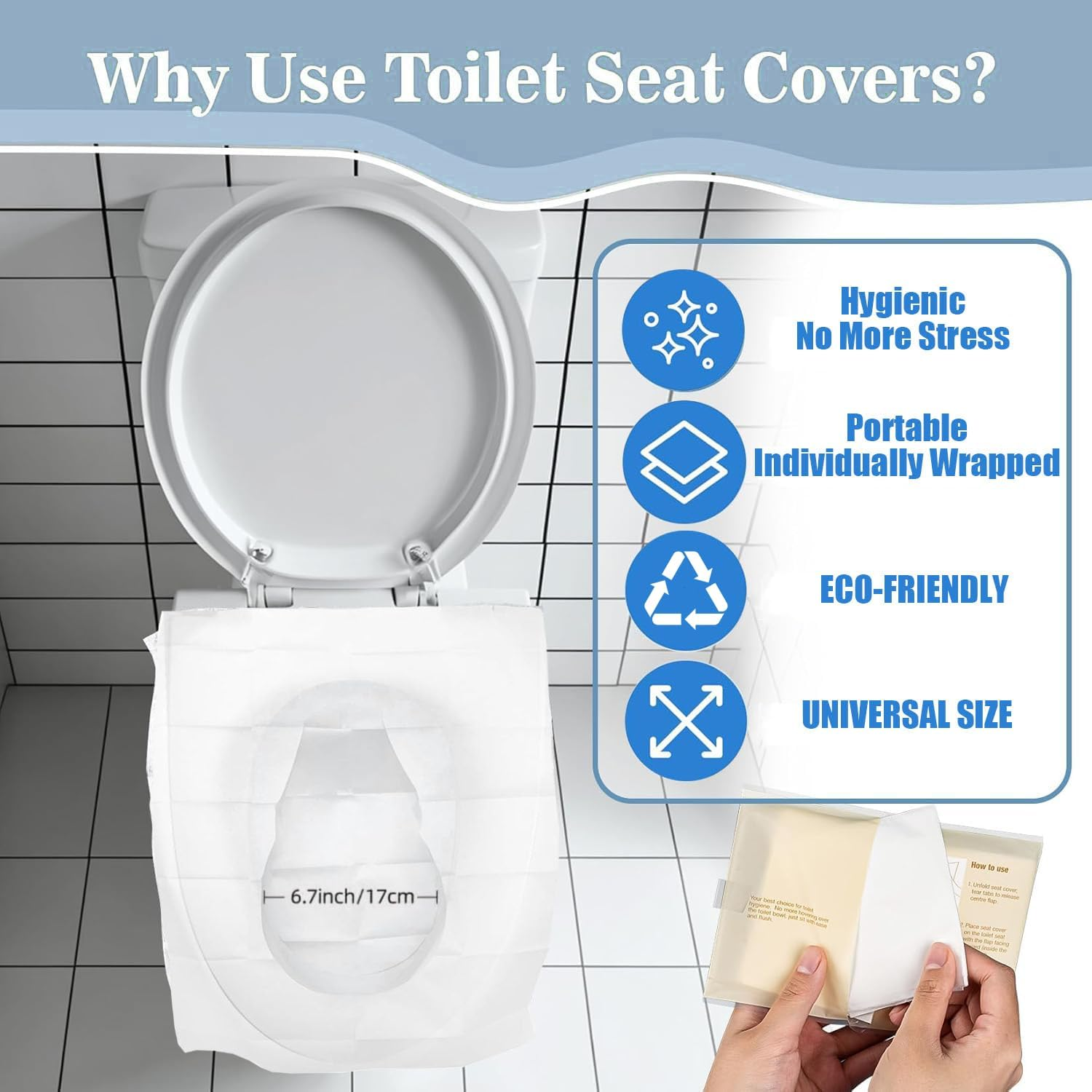 120 Pcs Disposable Toilet Seat Covers,Flushable Paper Toilet Seat Cover with Individually Wrapped,Portable Disposable Travel Toilet Seat Covers for Travel,Public Restrooms,Airplane,Camping,Road Trips image number 3