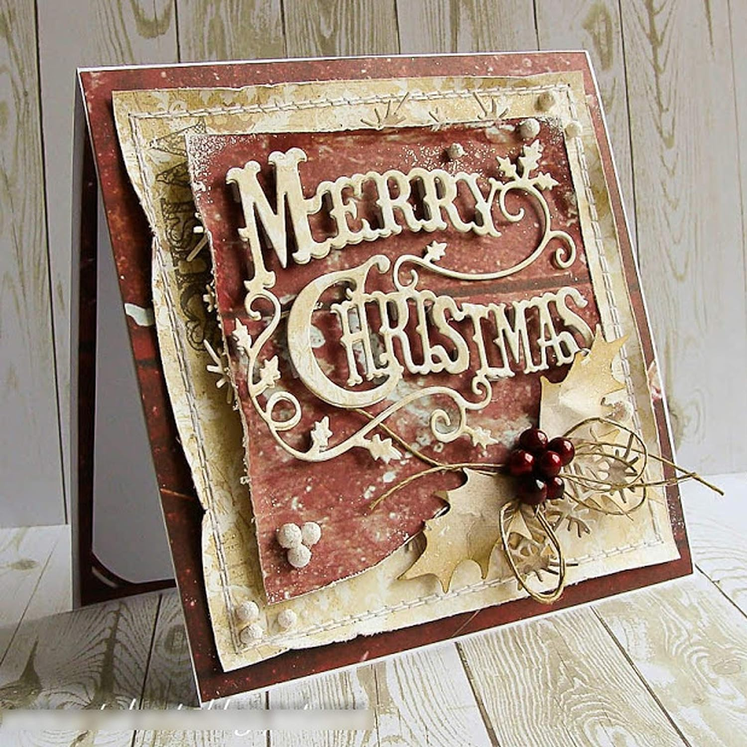 Merry Christmas Holly Leaves Metal Die Cuts, Christmas Word Background Layering Cutting Dies Cuts for Album Card Making Tools Scrapbooking DIY Decoration image number 3