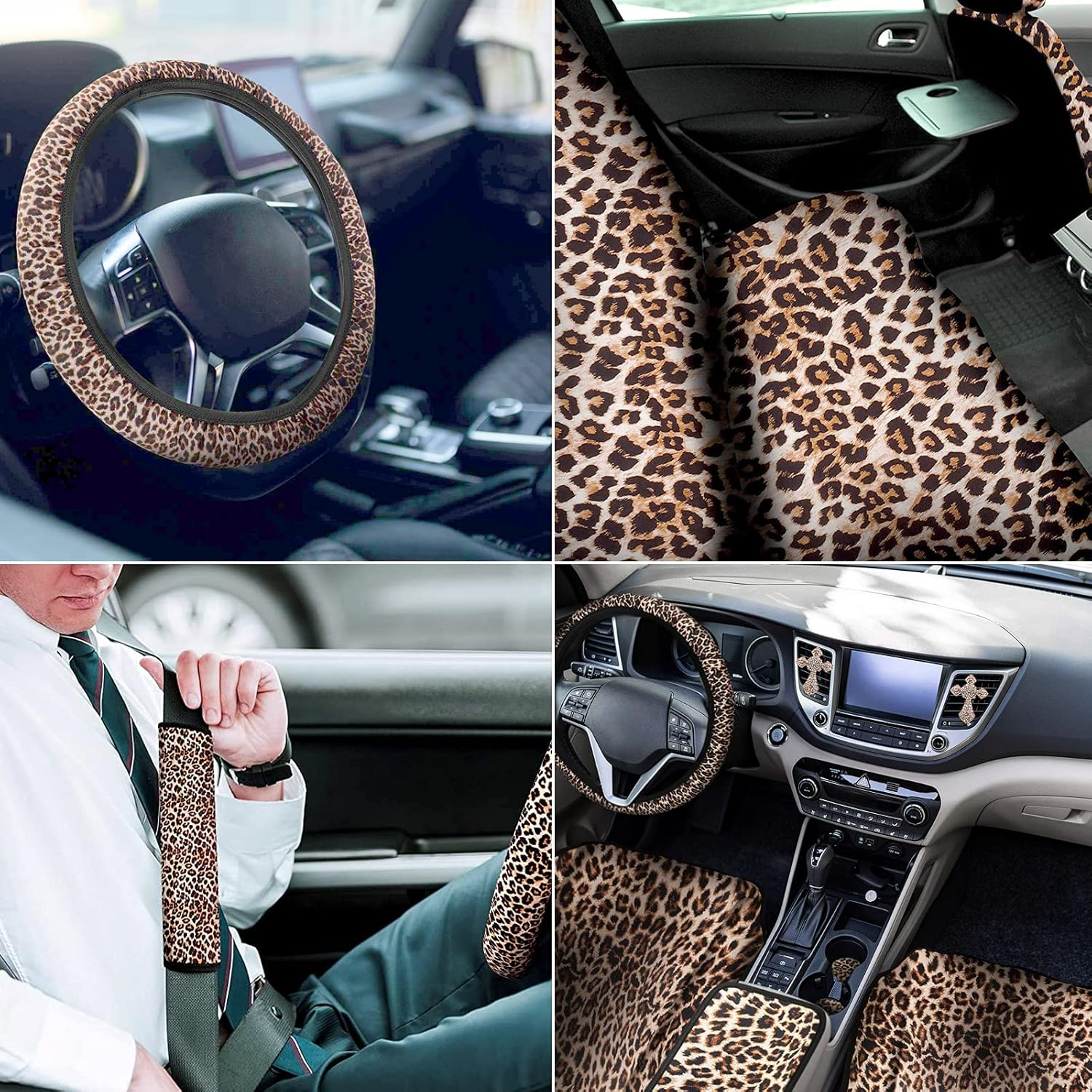 Aulufft 23 PCS Leapord Print Car Assecories, Include Seat Cover Leopard Steering Wheel Cover, Central Control Armrest Pad, Car Coasters and Keychain Holder, Headrest Covers, Ventilation Hole Decor image number 3