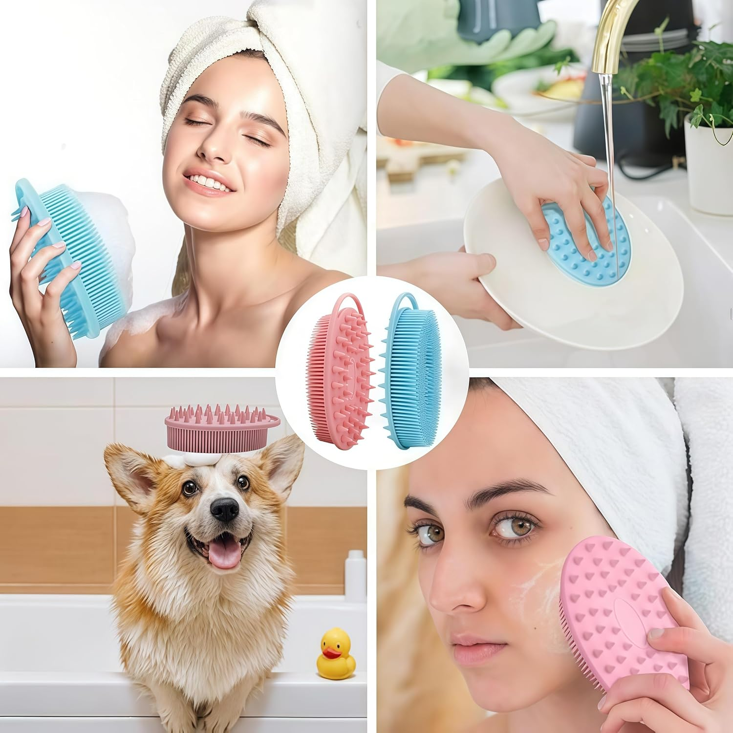 QIAOXUFE 2PCS Silicone Body Scrubber,2 in 1 Bath and Shampoo Body Brush,Exfoliating Body Scrubber for Use in Shower, Premium Silicone Loofah,Scalp Massager, Easy to Clean(Pink,Blue) image number 5