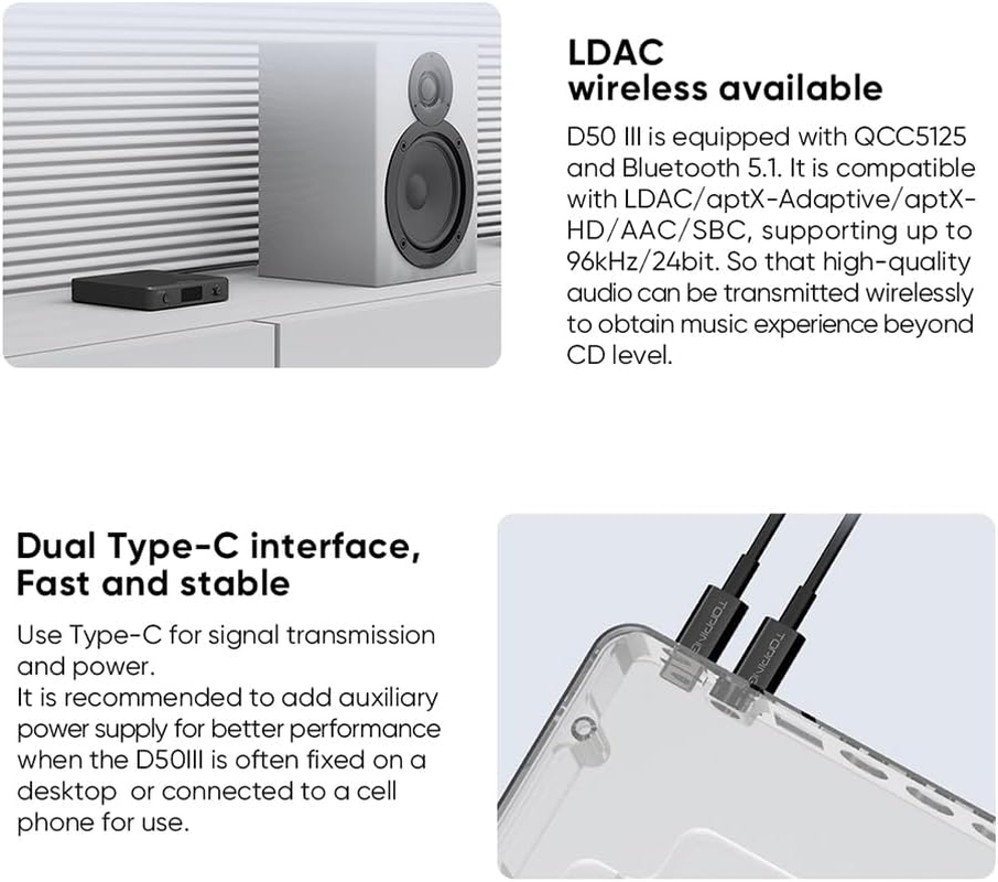 Topping D50 III 2*ES9039Q2M DAC, Usb/Bt5.1/Optical/Coaxial to RCA/TRS Audio DAC, Type-C Bluetooth 5.1 SPDIF Input Digital-Analog Converter, Hi-Res Audio DAC, Home Audio DAC with 12V Trigger (Silver) image number 5