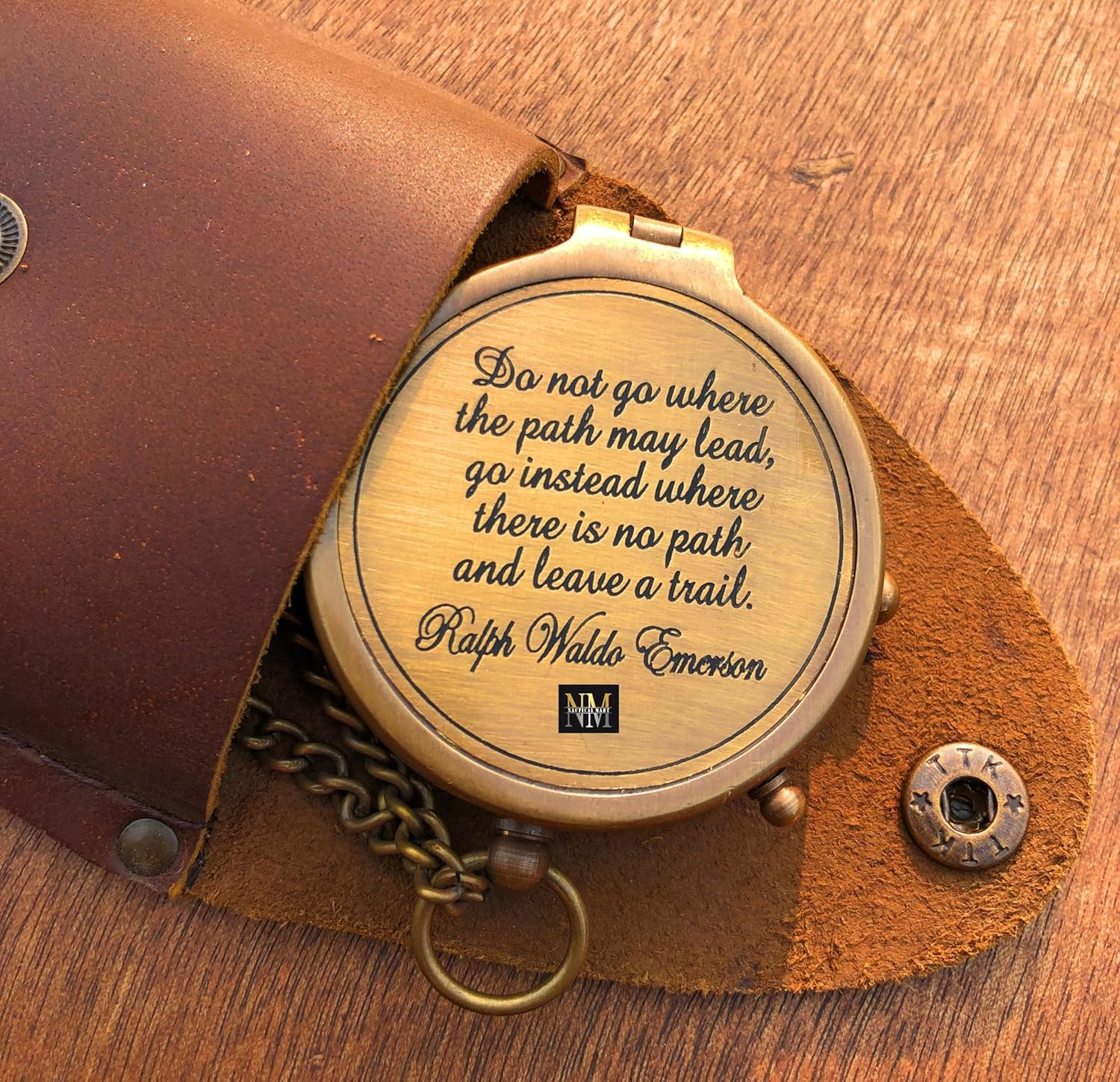 Ralph Waldo Emerson Quote Brass Compass Do Not Go Poem Compass with Leather Case for Graduation, Baptism, Confirmation - Brass Pocket Compass Gifts image number 1