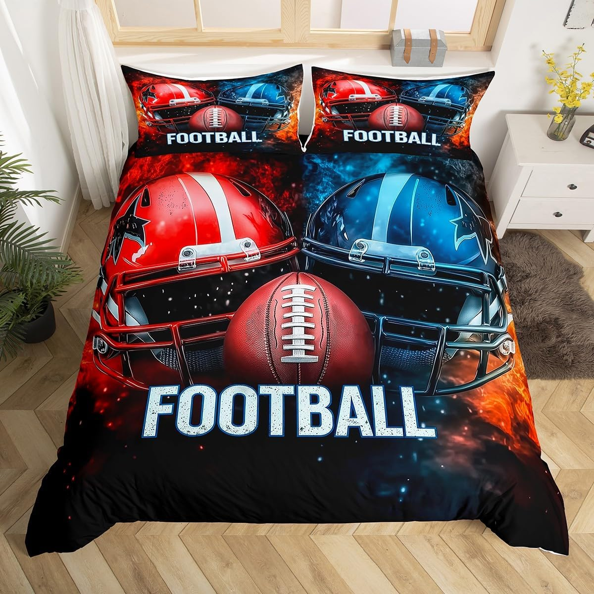 Manfei Teens Football Duvet Cover S Size, Black White Football Bedding Set, Sports Theme Purple Quilt Cover, Kids Boys Adult Room Decor, Soft and Lightweight, 1 Pillowcase