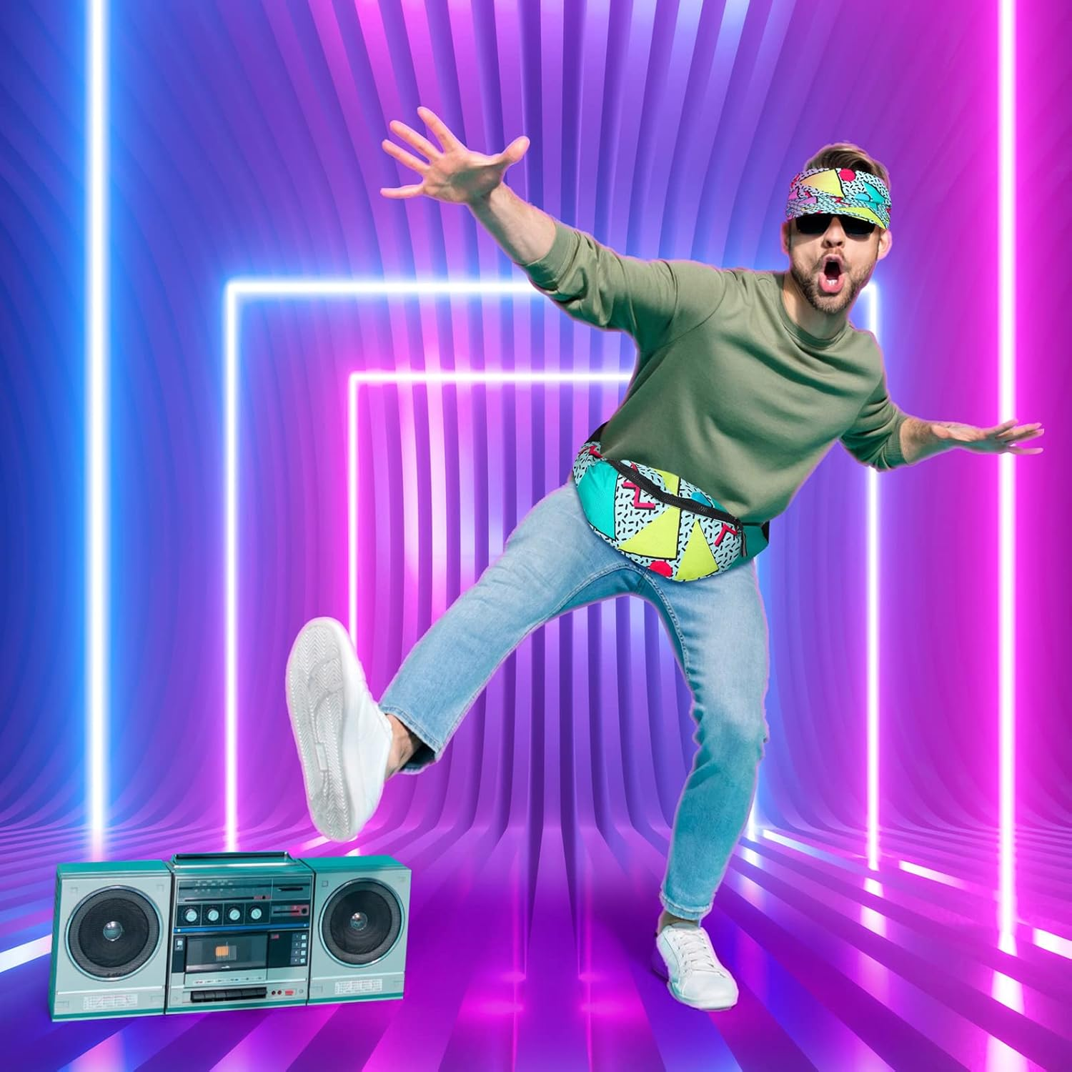 Mepase 2 Pcs 80S Outfit for Men Women 90S Fanny Pack Sun Visor Hat Waist Bag 90S Accessories for Men Women Summer Party, Multicoloured, One Size, Fresh image number 3