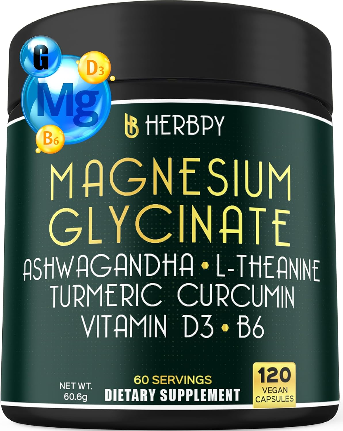 Herbpy 6In1 Restful Day and Night Supplement with Magnesium Glycinate, Vitamin D3, B6, L-Theanine, Ashwagandha and Turmeric Root - Brain, Heart and Digestive Health Support - 120 Vegan Capsules image number 1