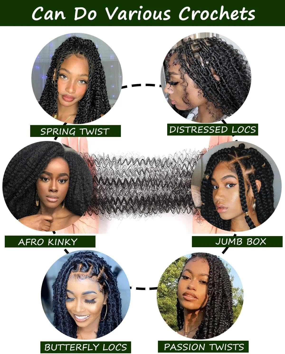 Unron 6 Packs Springy Afro Twist Hair' with Crochet Hook, 16 Inch Pre-Separated Marley Crochet Braiding Hair for Distressed Soft Locs, Natural Black Synthetic Hair Extension for Black Women image number 3