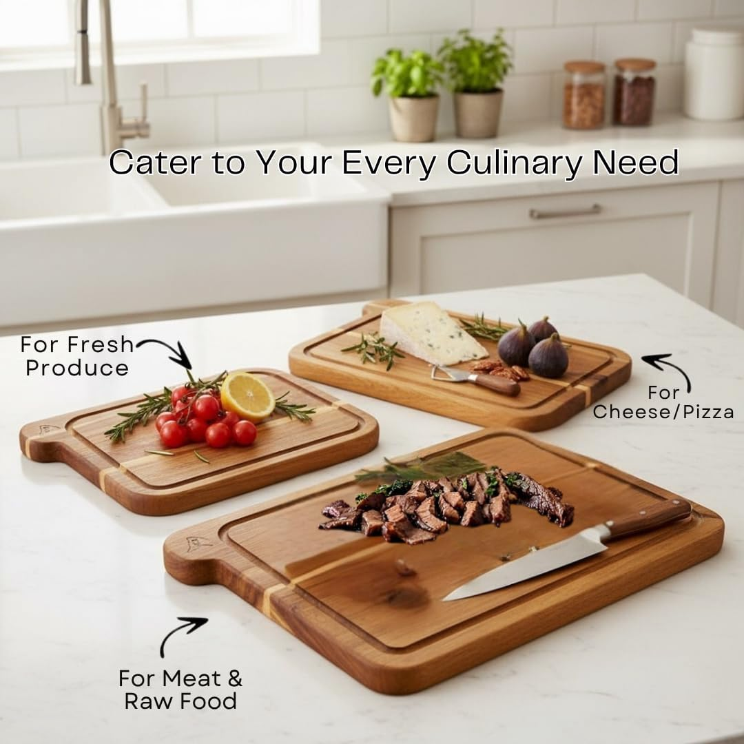 LOSTRU 3-Piece Non-Toxic Acacia Wood Cutting Board Set with Stand - FSC Certified Wooden Chopping Boards - Engraved Food-Safe Icons, Deep Juice Grooves, Kitchen Space-Saving Organizer, Multi-Size image number 6