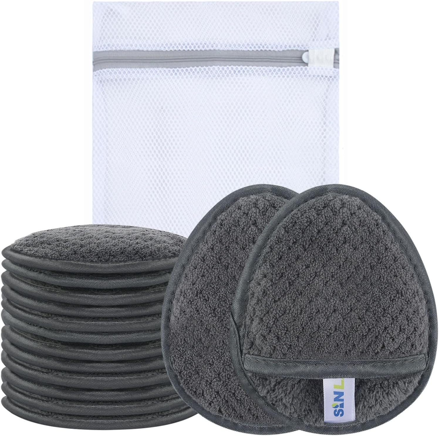 SINLAND 6 Pack Microfiber Makeup Remover Pads Reusable Makeup Eraser Washable Facial Cleansing Pads with Laundry Bag Dark Grey