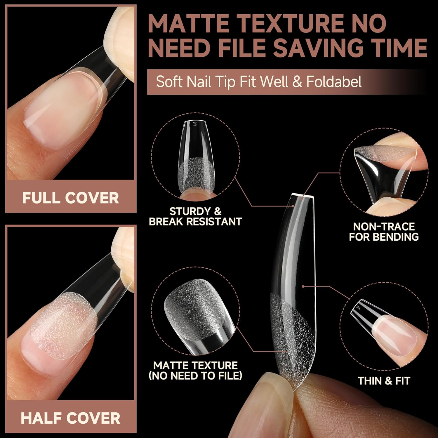 UNA GELLA Medium Coffin Nails Tips 504Pcs - Gel Nail Tips Coffin Acrylic Full Cover Pre-Buff Soft Gel Nail Tips Half Matte False Nails for Nail Extension Home DIY Salon 12 Sizes image number 5