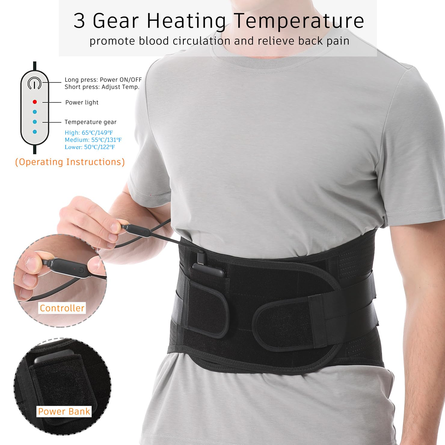 Heated Back Brace for Lower Back Pain Relief Women Men; Cordless Heating Waist Belt Wrap Operated by Rechargeable Battery; Far Infrared Heat Therapy for Herniated Disc, Sciatica, Scoliosis (Black, M) image number 5