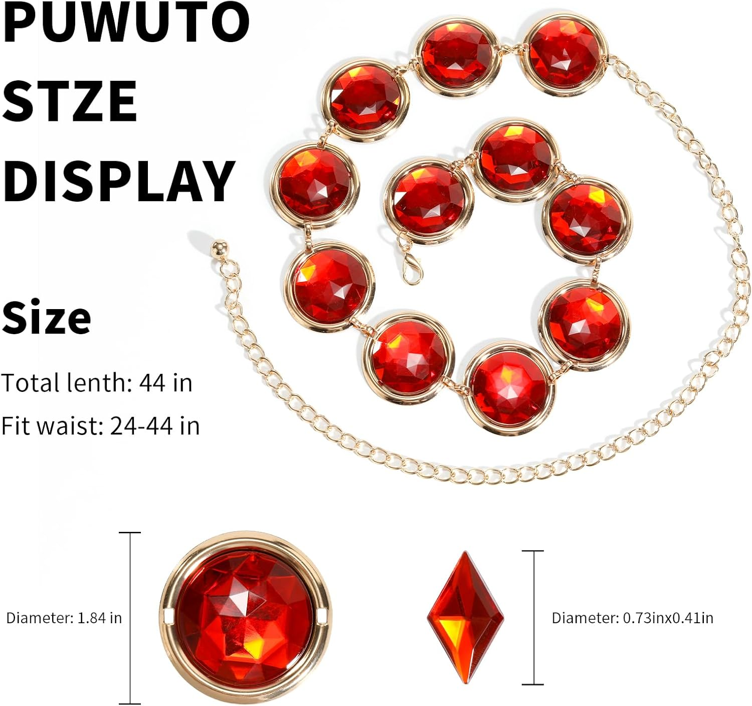Puwuto Red Gem Waist Belt for Anime Cosplay - Adjustable Stone Chain Western Rhinestone Costume Accessory for Women Halloween Props, Red, Medium image number 5