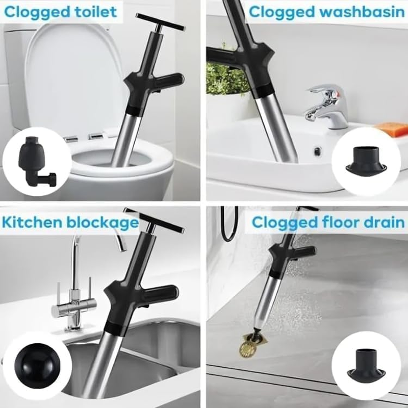 Toilet Plunger, High Pressure Drain Unclogging Tool, Stainless Steel Toilet Unclogger 4 Nozzle Attachments for Sink, Shower & Pipe Blockages | Visual Barometer | Easy-Store Design (Black) image number 1