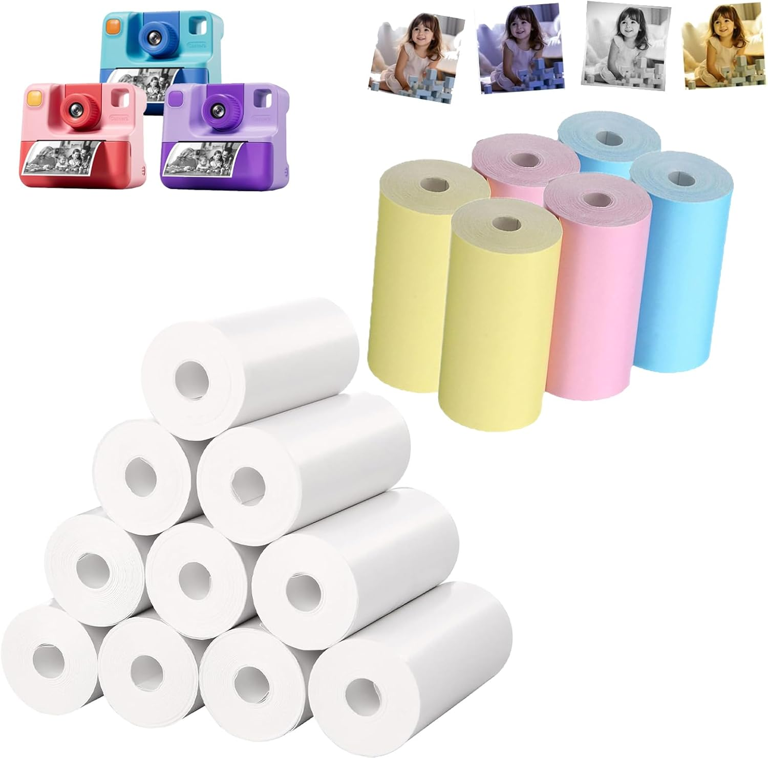 16 Rolls of Kids Instant Refill Paper, Thermal Printing Refill Paper Roll Photo Print HD, BPA Free- Suitable for Most Kids Instant Cameras （10 Rolls of White+6Color）