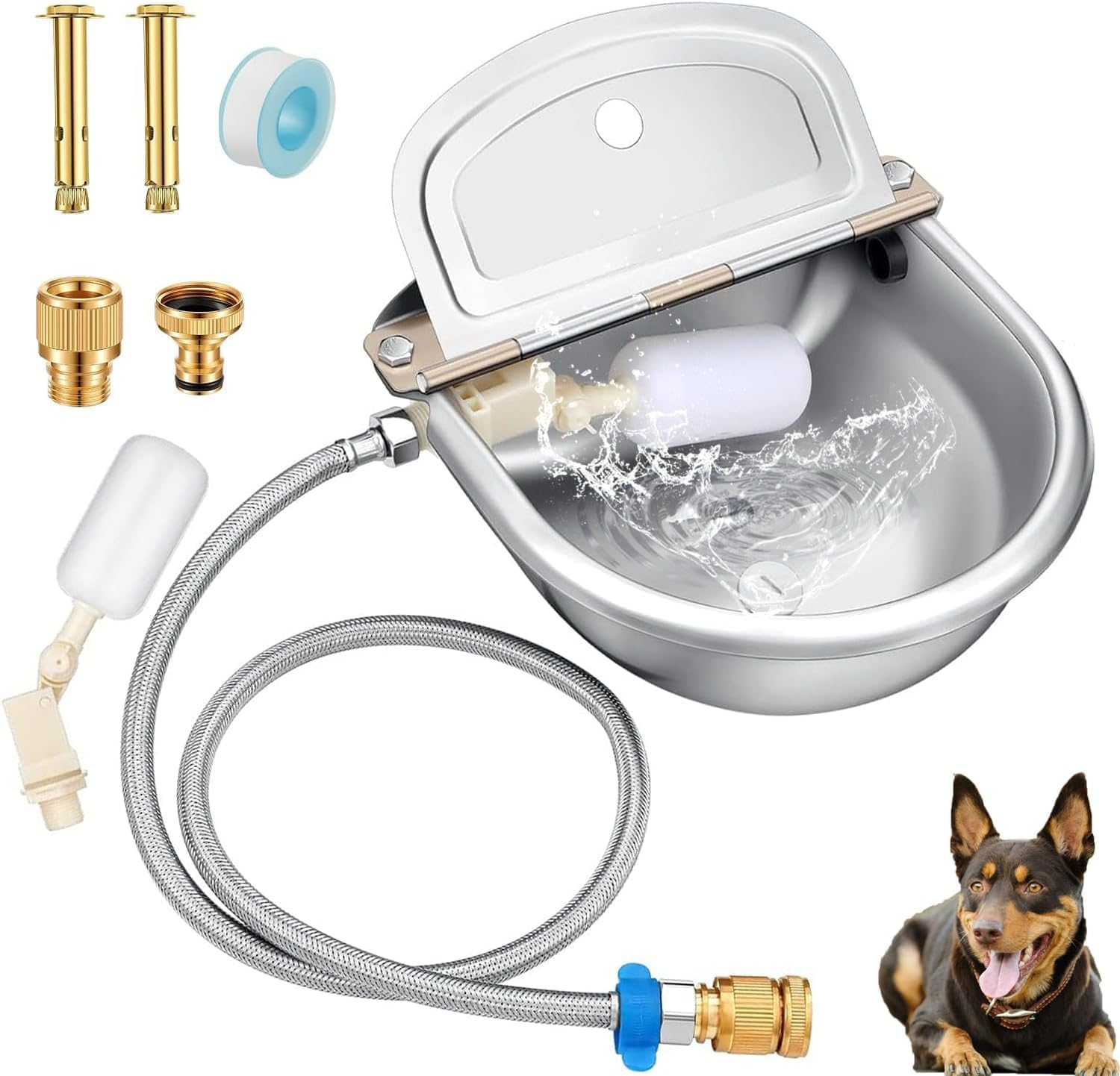 PORIYA 4L Auto Animal Drinking Water Bowl,With Float Valve,Auto Fill&Large Capacity Waterer Kit,For Cow Dog Horse Chicken Livestock Water Trough Dispenser (Silvery, Pipe +Drinking Bow) image number 1
