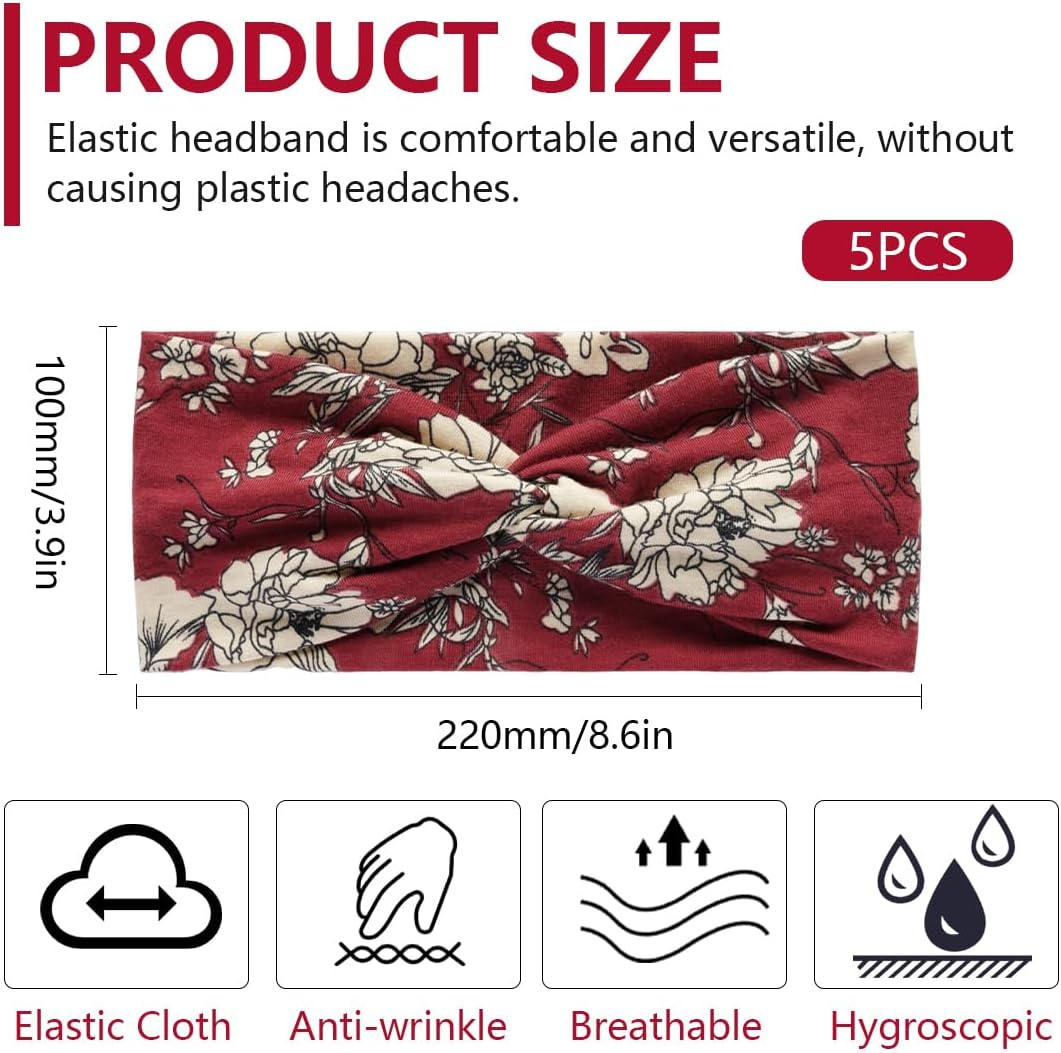 FIMWOLZ Women'S Summer Hair Band, Pack of 5, Wide Hair Band, Headscarves, Multicoloured Floral Print Hair Bands, Women'S Wide Elastic Soft Bandana for Everyday Sports, Yoga image number 2