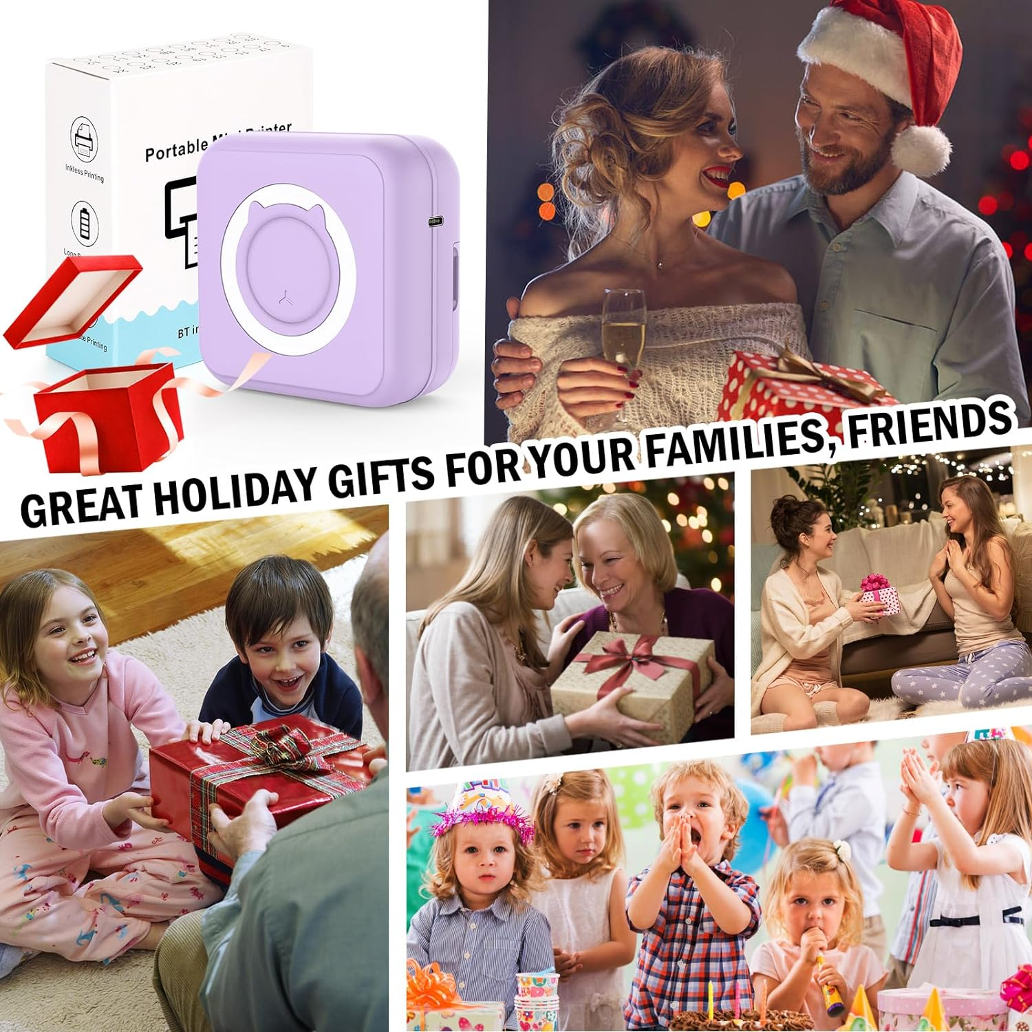 Mini Sticker Printer - Mini Pocket Printer for Iphone Thermal Printer with 10 Rolls Thermal Paper for Journal, Memo, Photo, Purple image number 5