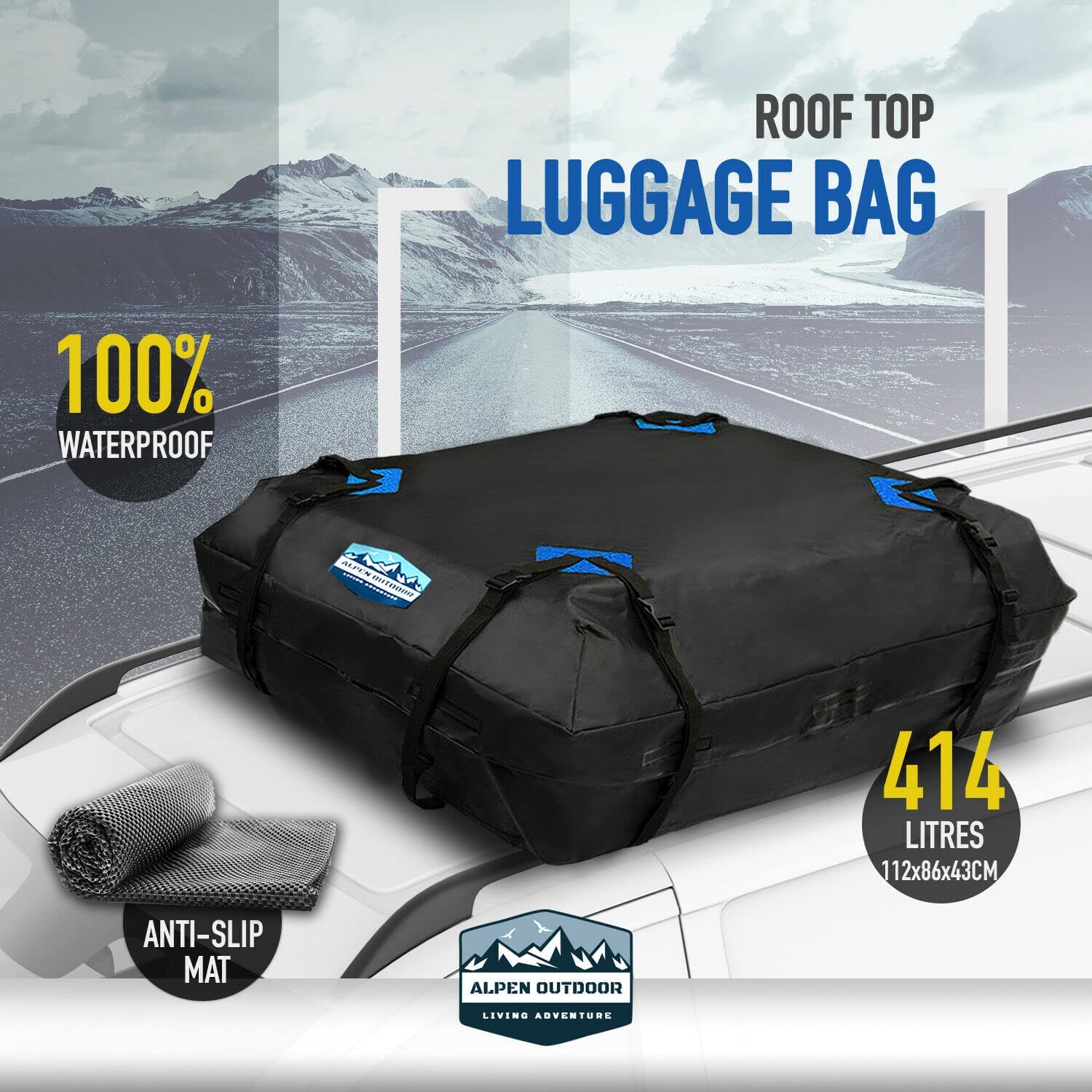 Alpen Outdoor Waterproof Car Roof Top Bag Rack Luggage Cargo Carrier Bag Travel Bag Storage 414L (Bag: 111 X 86 X 43 Cm Mat: 128 X 110 Cm) image number 6