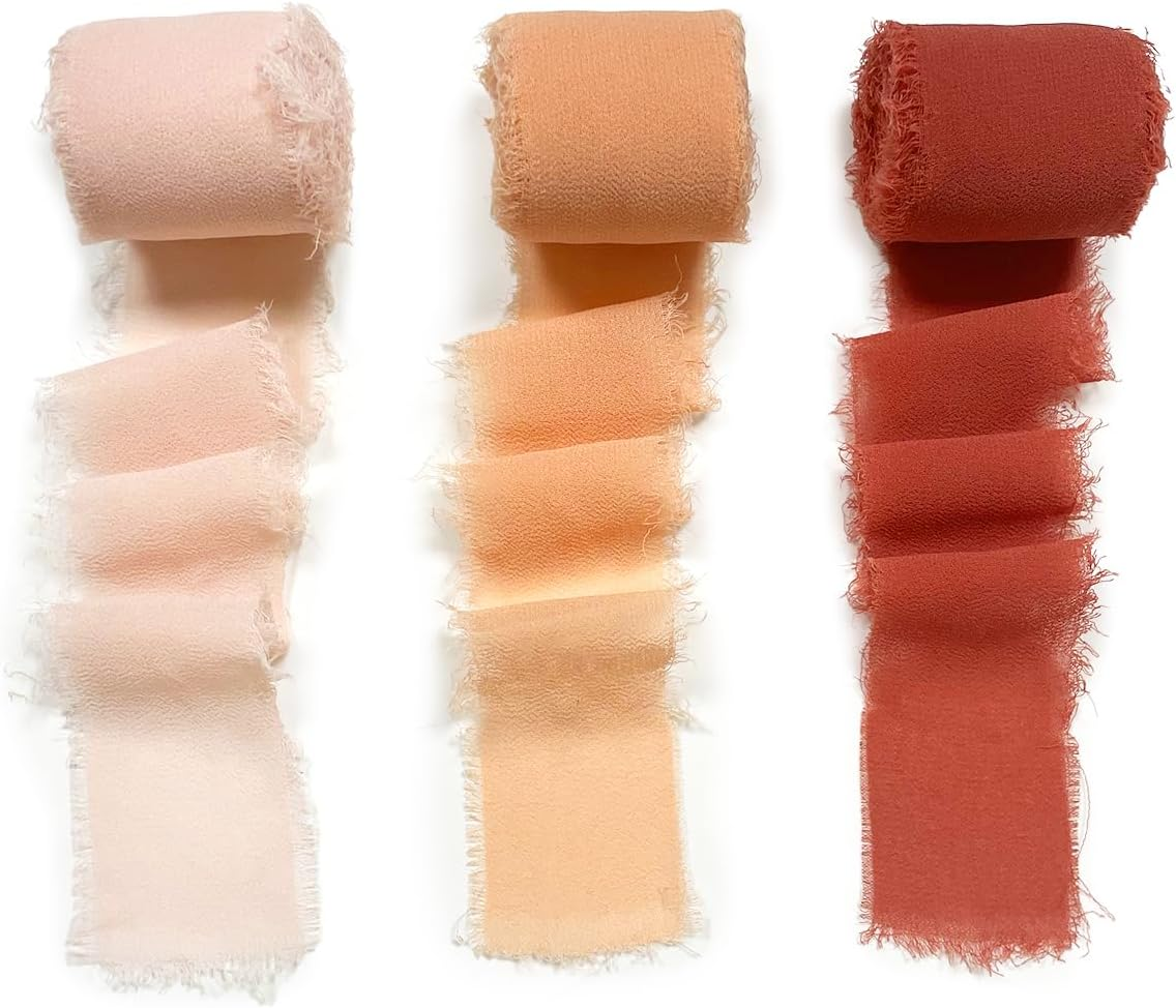 Chiffon Ribbons, 3 Rolls Handmade Fabric Chiffon for Wedding Invitation, Flower, Bouquet, Gift Wrapping, DIY Crafts (4Cm X 5M/1.57In X 16Ft)