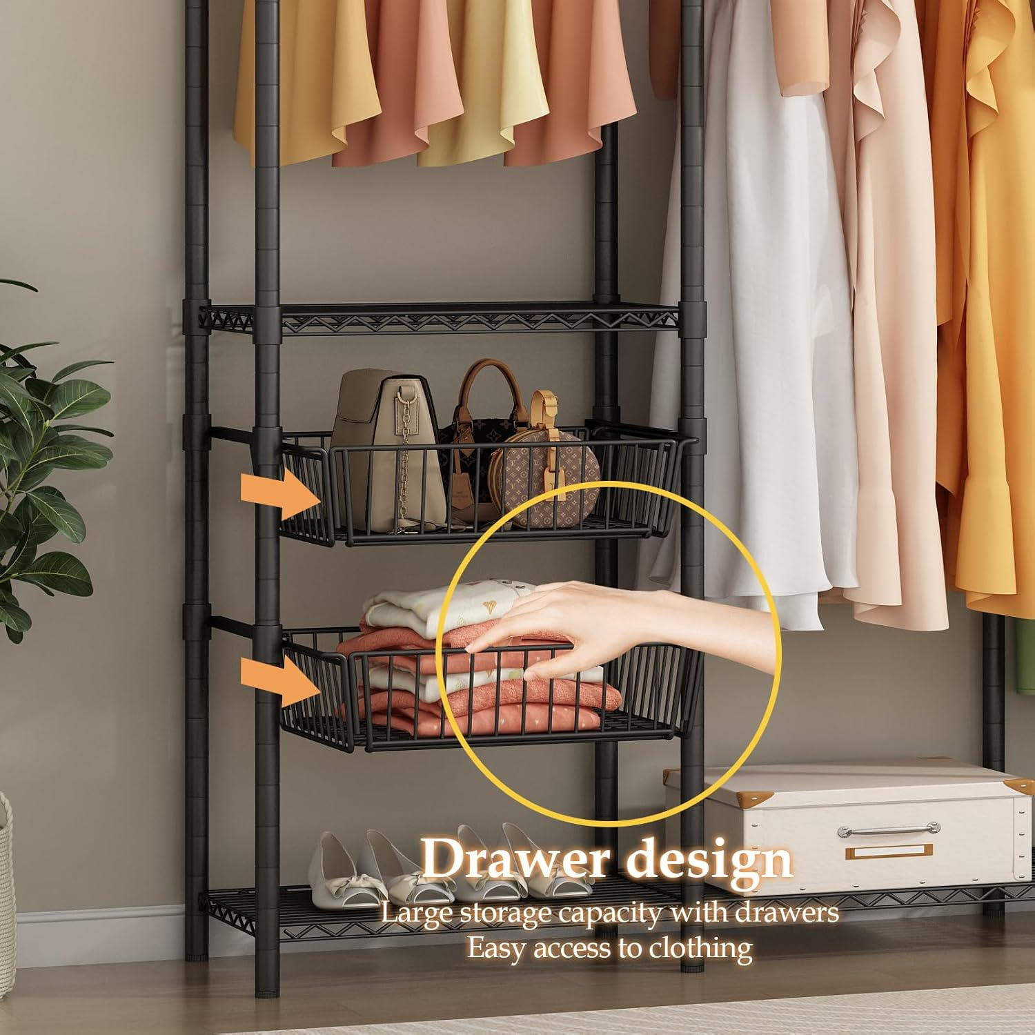 Clothes Rack Heavy Duty Clothes Rails, Metal Garment Rack Freestanding Portable Wardrobe Closet Rail with 2 Slid Baskets for Hanging Clothes Wire Clothing Rack, 192.5 X 45 X 195 Cm, Black image number 4