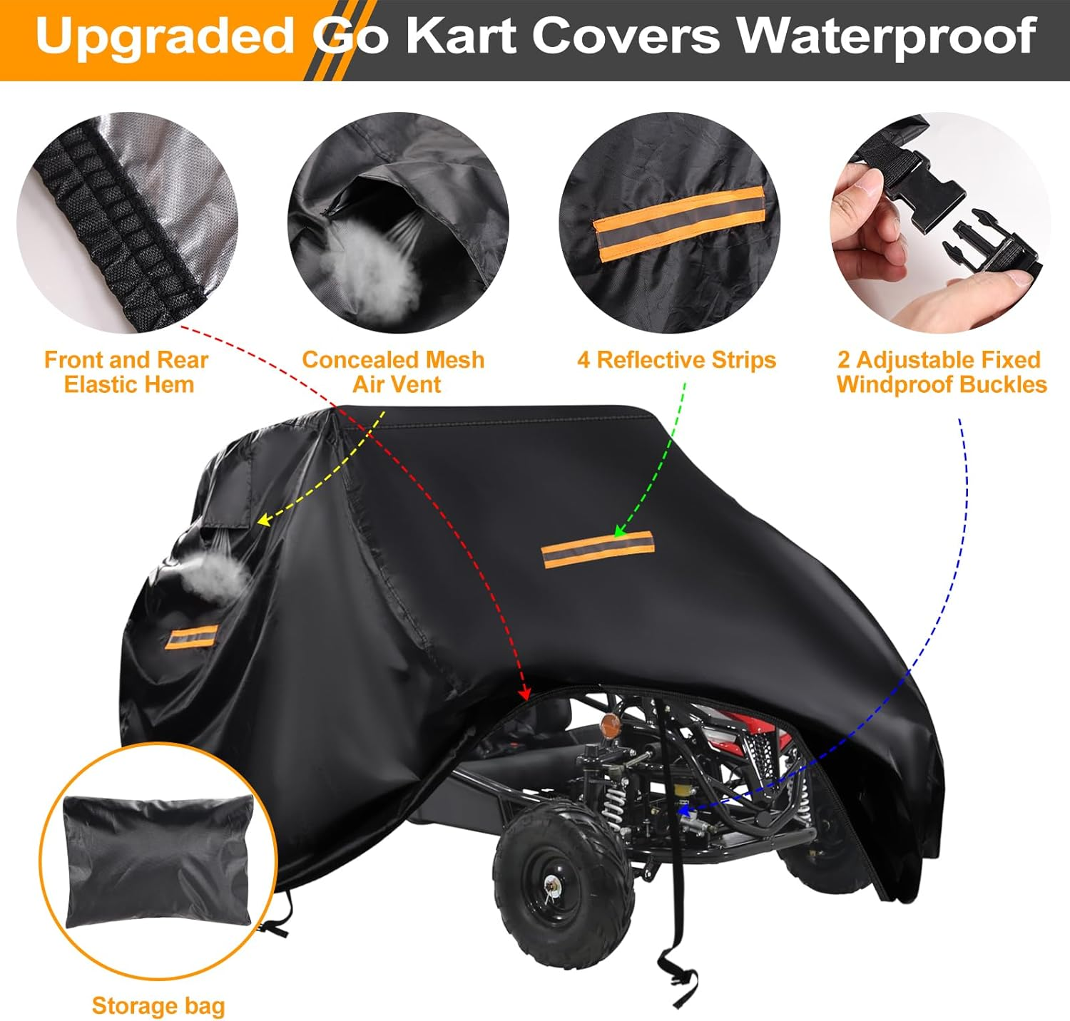 Large Go Kart Covers Waterproof,Heavy Duty 420D 2 Seater Go Kart Cover,Go Kart Accessories with Air Vent,4 Reflective Handles,2 Windproof Buckles,Protective Gokart Car Cover for Coleman Kt196,Segway image number 4