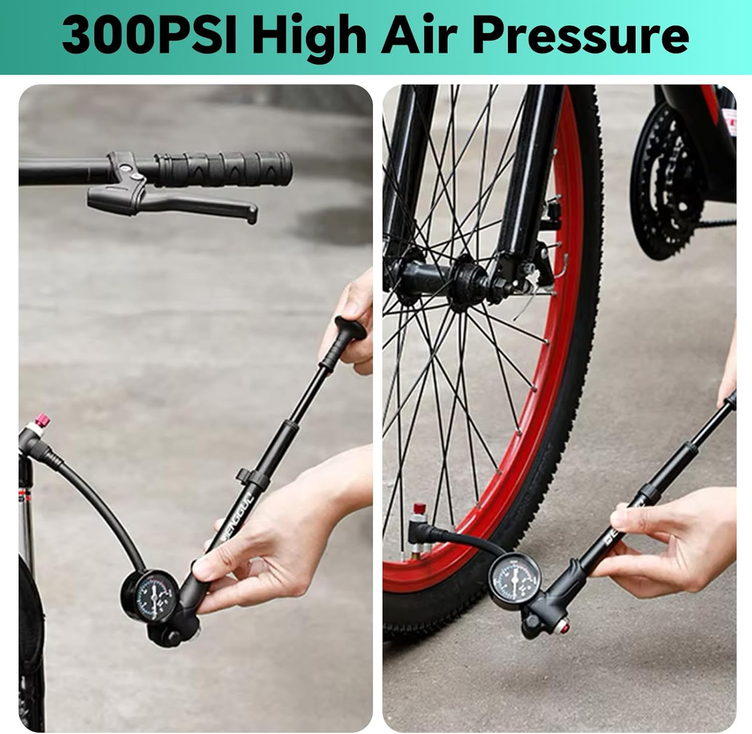 High Pressure Shock Pump - 300 PSI Portable Bike Suspension Pump with Accurate Gauge, No-Loss Schrader Valve, Air Bleed Button Aluminum Fork Rear Shock Air Pump for Mountain, Road Bikes Motorcycles image number 3