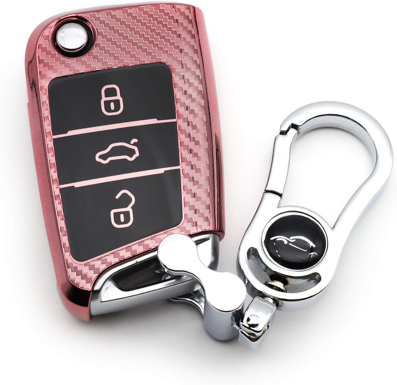 M.Jvisun Soft Carbon Fiber Finish Car Key Fob Cover for Volkswagen Atlas Golf Jetta Polo for Tiguan for Skoda Kodiaq Karoq for Audi A1 for Seat Ateca Leon Flip Key TPU Case with Keychain - Pink image number 6