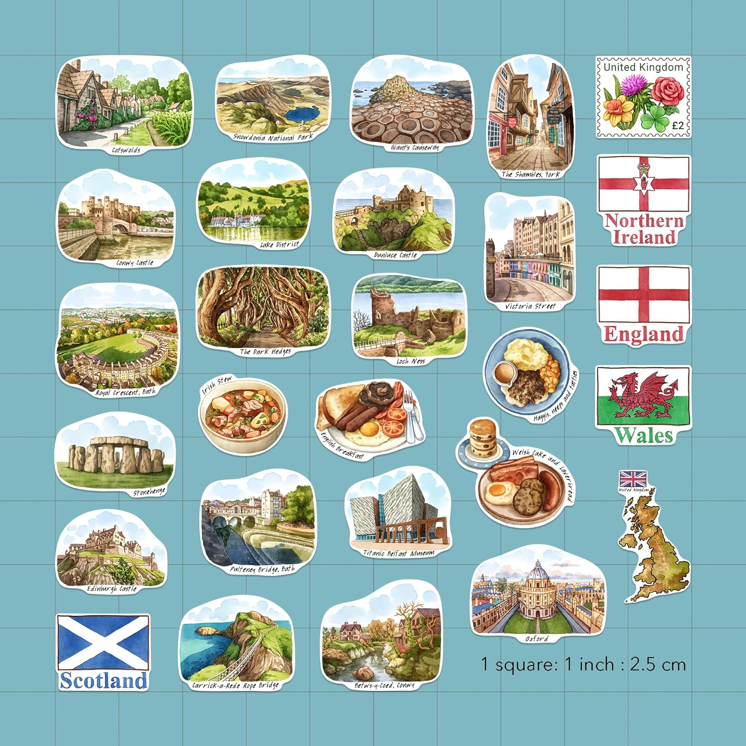 Navy Peony Countryside United Kingdom Travel Stickers (28Pcs)-Hand Illustrated, England Wales UK Heritage-Themed Decals for Journals, Scrapbooks, Luggage image number 5