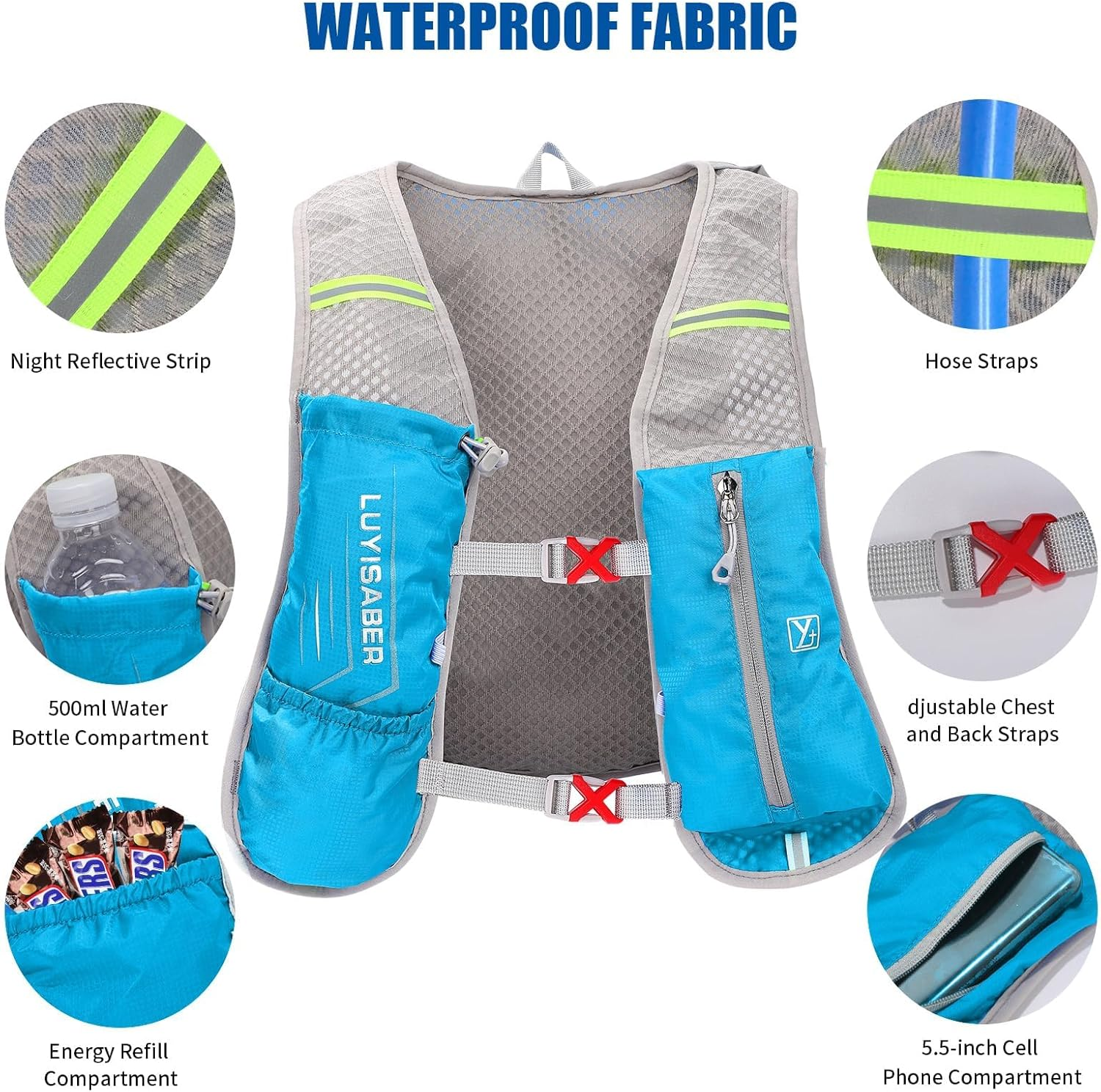 BLAZDEVE Running Hydration Vest Backpack, Ultralight Multi-Pockets Hydration Backpack for Women & Men, Lightweight Hiking Rucksack Hydration Vest Bag for Cycling Running image number 3