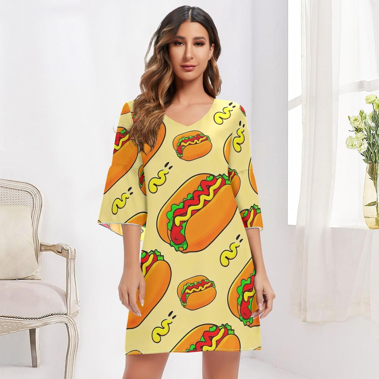 Cartoon Hot Dogs Ladies Chiffon Dress Printed Line Maternity Dress S-XXL image number 5