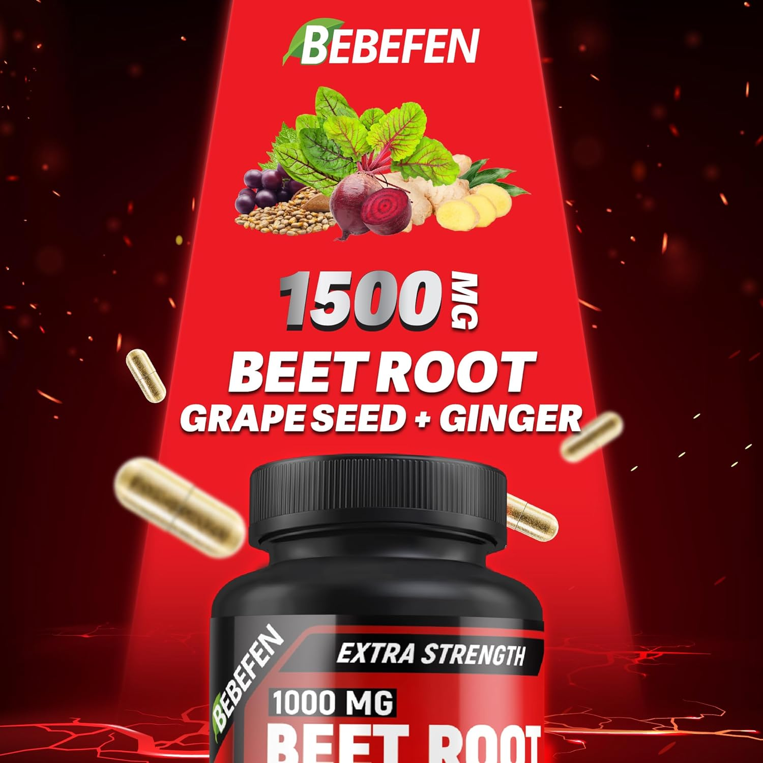 Beet Root Supplement, 1,500Mg per Serving | with Ginger & Grape Seed - 20:1 Extract, Supports Nitric Oxide Production, Beets Supplements with Non-Gmo Beetroot Powder 60 Capsules image number 3