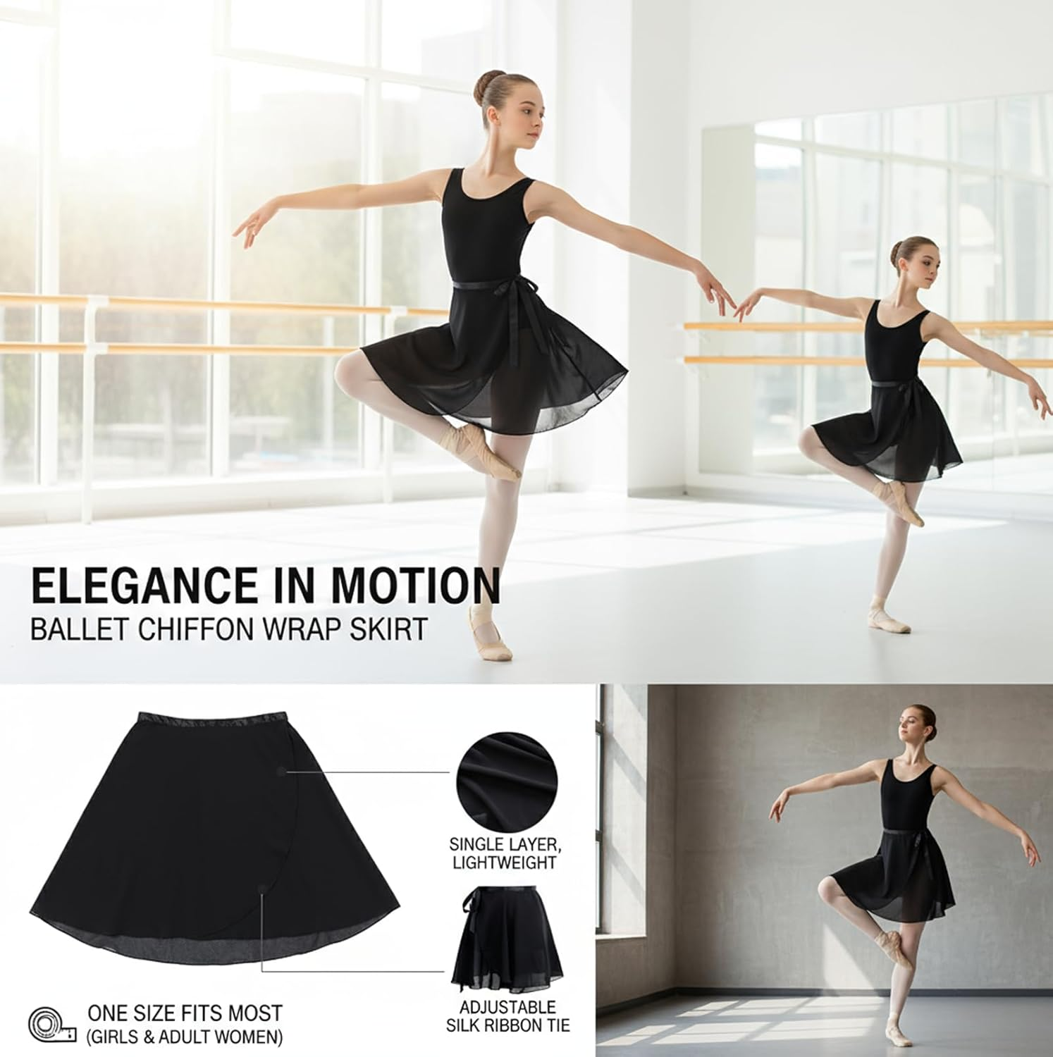 Ballet Skirt Chiffon Wrap Dance Skirt for Women/Girls,Ballet Pull-On Skirt Black