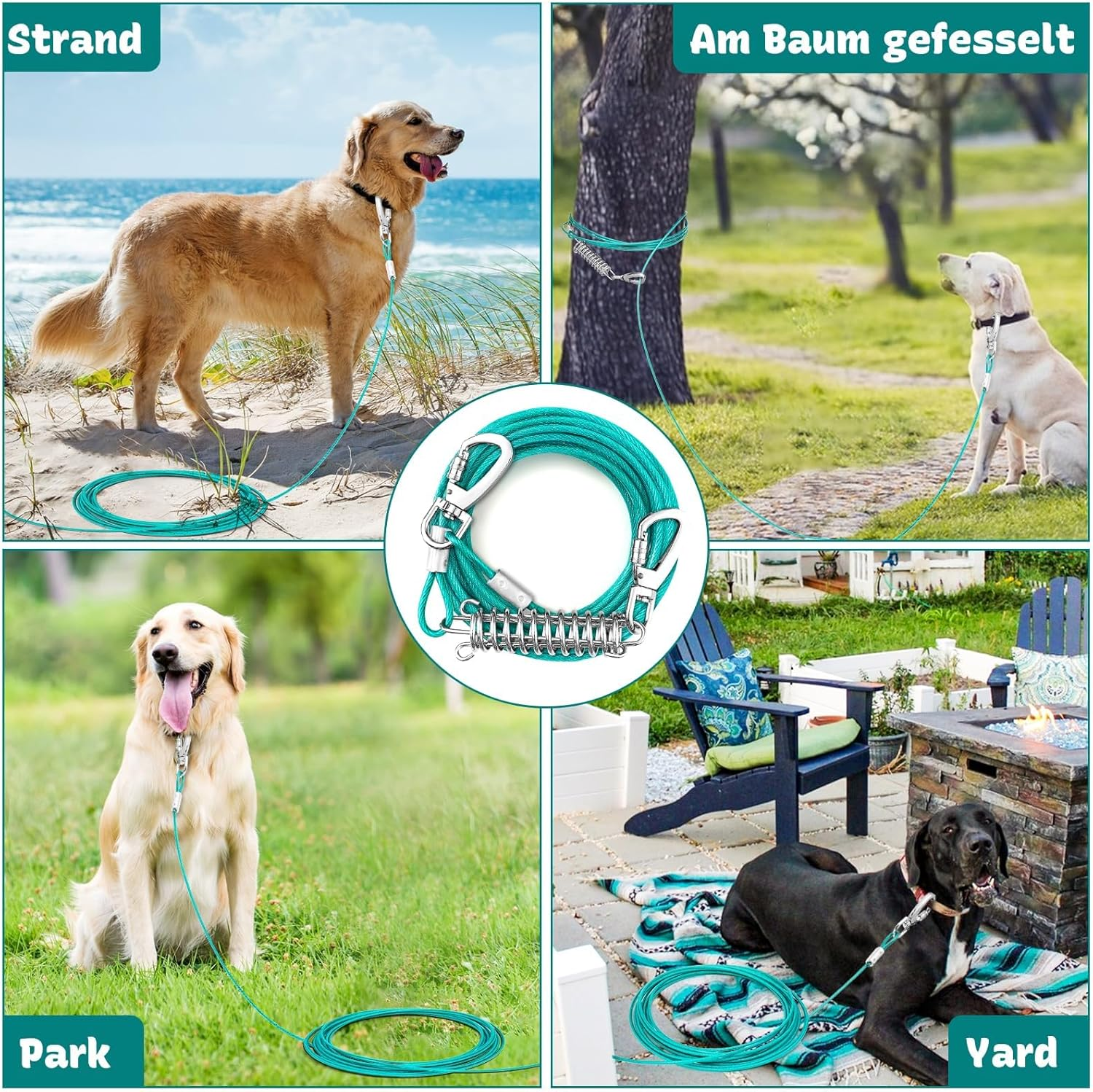 Yard Lead for Dogs, 6 M Yard Lead Tie Out Leads, Tie Out Cables for Dogs with Screw Cap, Yard Lead Tie Out Lead with Shock Absorbing Spring up to 125 Lbs, Pet Lead Bite Resistant for Camping image number 1