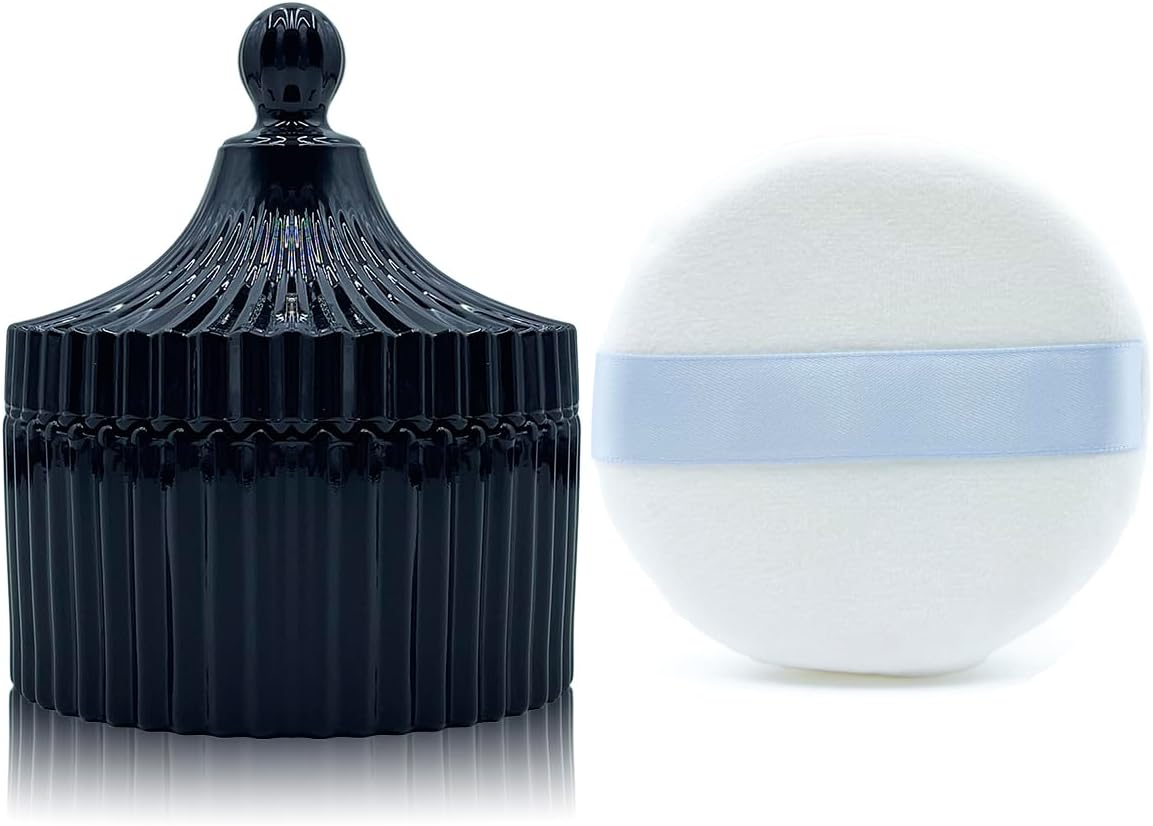 Ultra Soft Powder Puff and Container 3.3" High Density Velvet Dusting Washable Reusable Powder Puff,Body Powder Puff and Glass Jar Holder Loose Powder Box with Puff for Face Makeup(Gray)