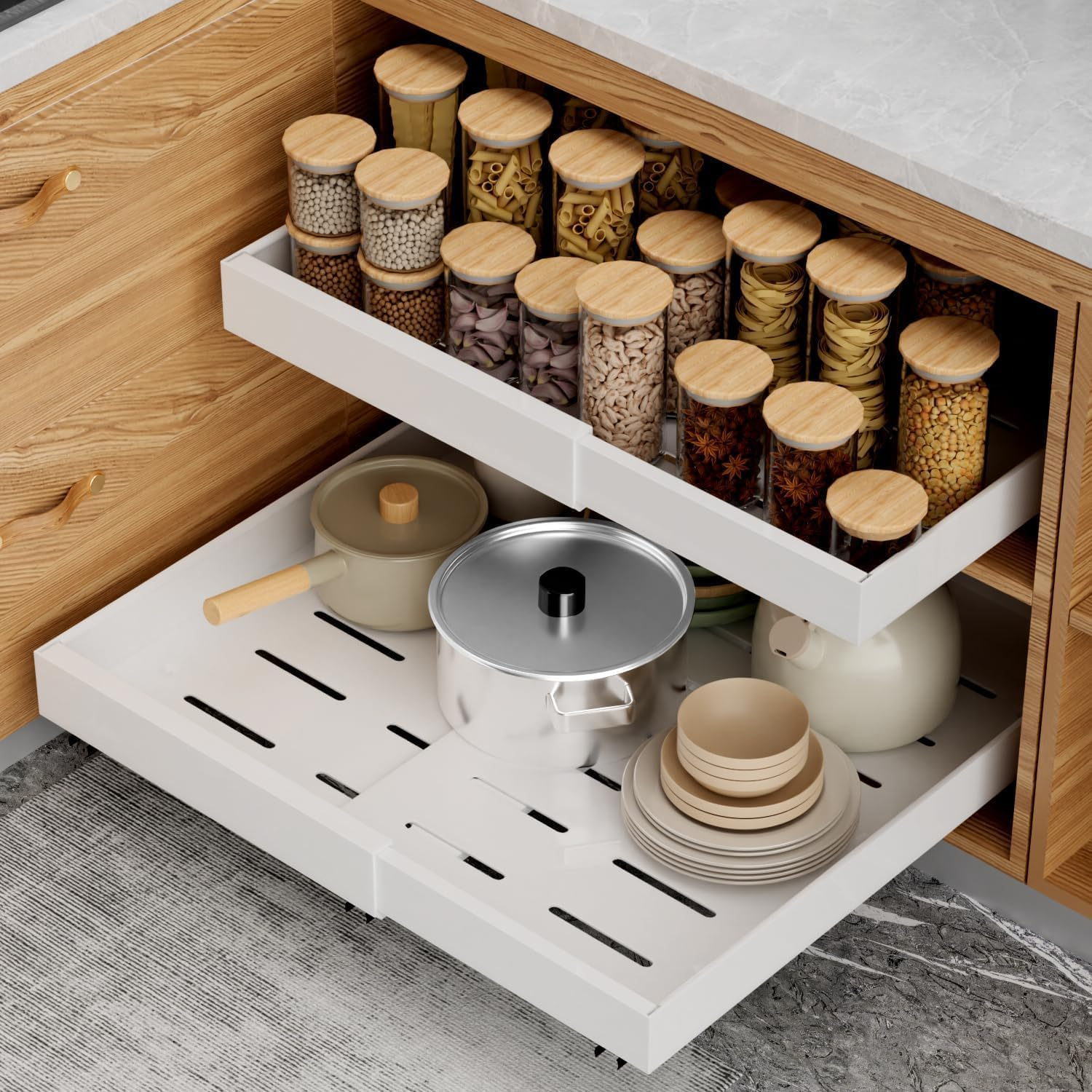 2 Pack Pull Out Cabinet Organizer 52Cm Deep, Expandable(32 to 52Cm W) Pull Out Drawers for Cabinets Adhesive with Film, No Drill Slide Out Drawers for Kitchen Cabinets, White image number 2