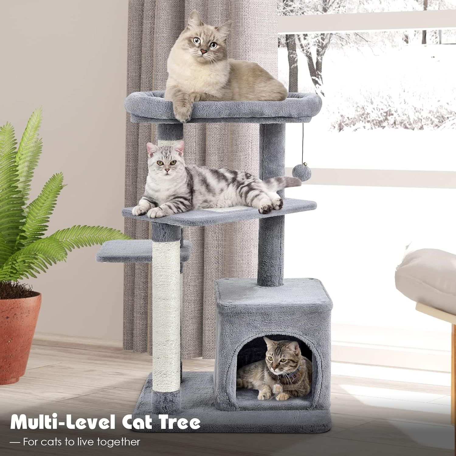 Costway Indoor Plush Cat Tree, Multilevel Cat Tower Condo with Flock, Hanging Toy, Scratching Sisal Posts, Cozy Perch, 4-Tier Cat Climbing Activity Center with Private Condo for Home and Office image number 2
