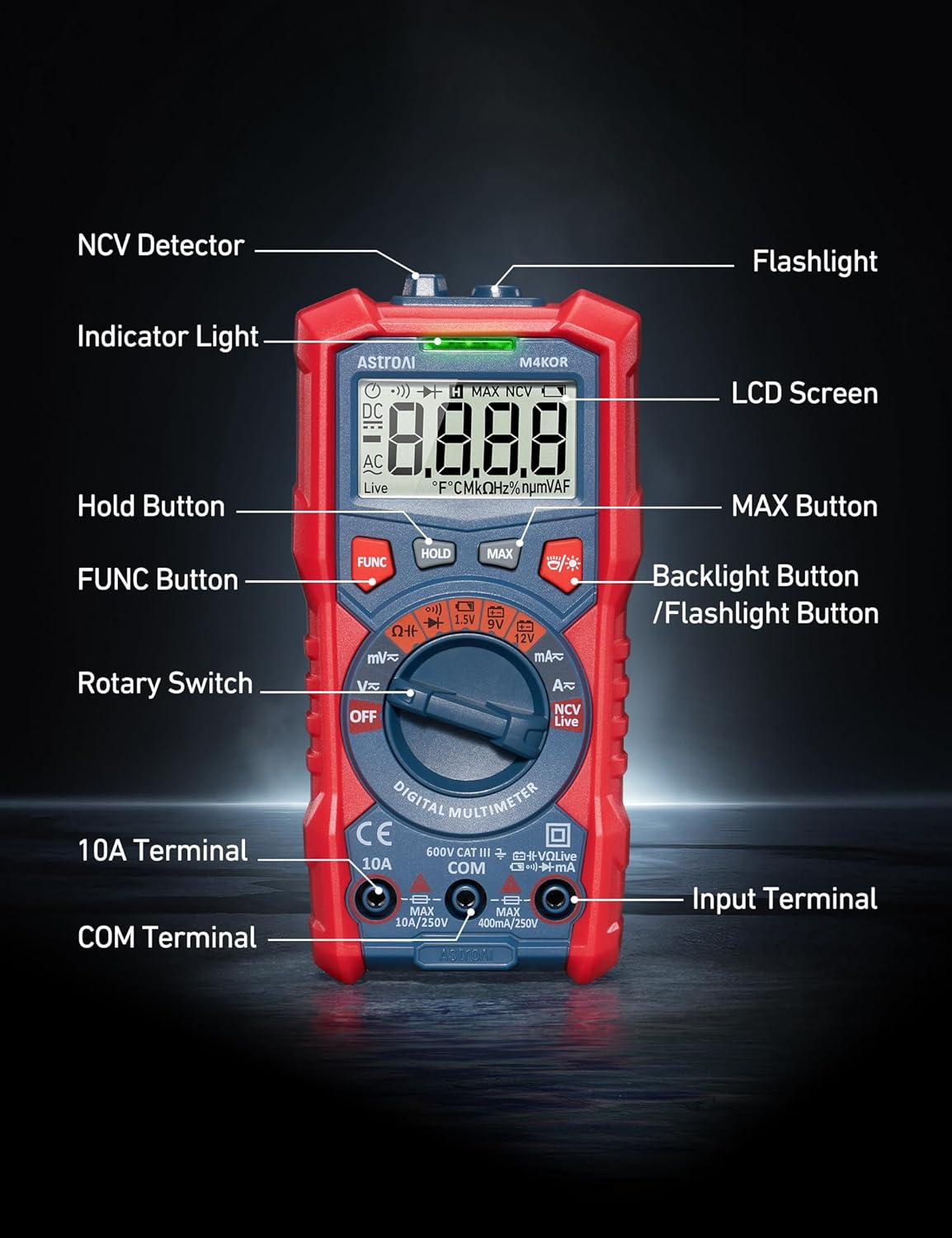 Astroai Multimeter Tester, TRMS 4000 Counts Volt Meter Auto-Ranging Ohmmeter Digital 1.5V/9V/12V Battery Voltage Tester Measure Voltage Current Resistance Diodes Continuity Capacitance with NCV image number 3