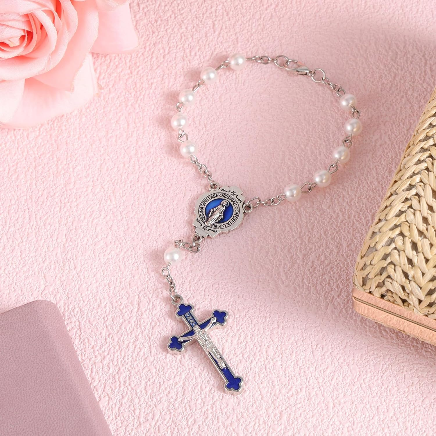 Steering Wheel Rosary Charm, Silver Catholic Car Accessory with Virgin Mary Crucifix and Pearls Rear View Mirror Hanging Ornament for Men & Women image number 5