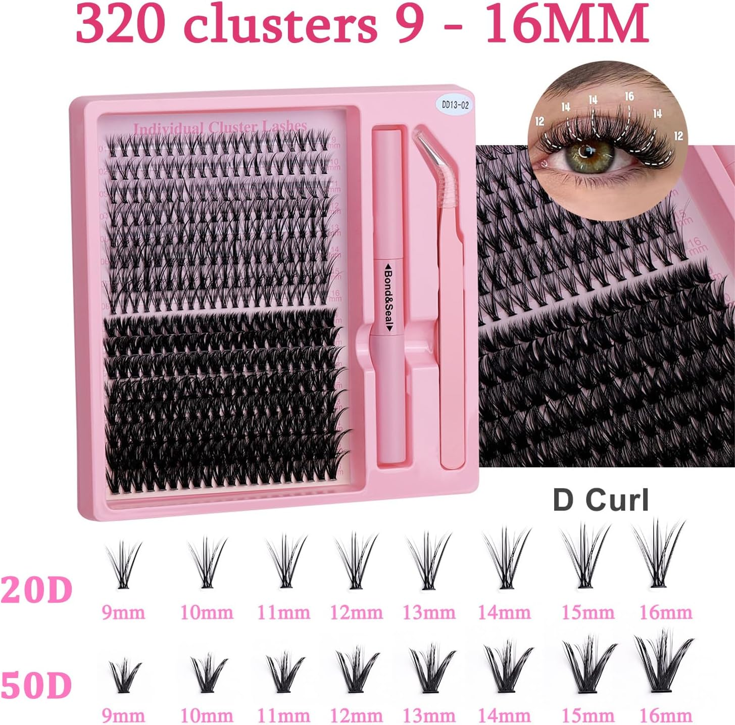 DIY Lash Extension Kit 320Pcs Lash Clusters Eyelash Extension Kit with Lash Bond and Seal Waterproof Lash Applicator Individual Lashes Apply at Home Easy(20D+50D-9-16Mix Kit)