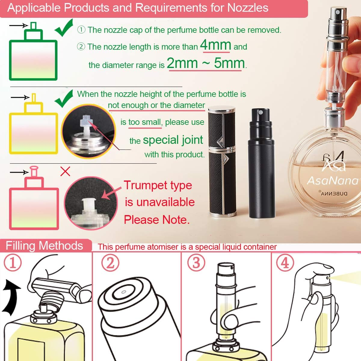 SIXTMOON Asanana Perfume Atomizer, Refillable & Travel Size Perfume Bottle, Leaking Proof,Bottom Pump without Funnel, Luxurious Small Women and Men, 5 Ml (Silver) image number 5