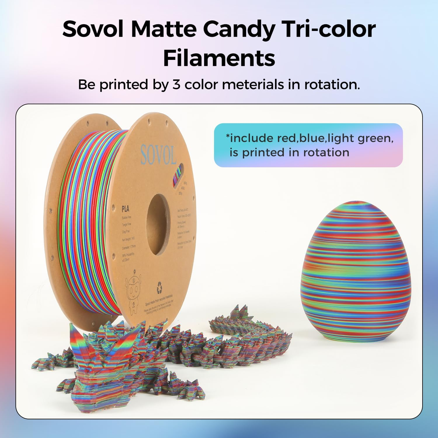 Sovol Matte PLA Filament Rotated Tri Color Co-Extrusion 1.75Mm, Fast Change 3D Printer Filament 1Kg/ 2.2Lbs, Matte Red Green Blue 3 in 1 Coextrusion PLA Material +/-0.03Mm image number 5