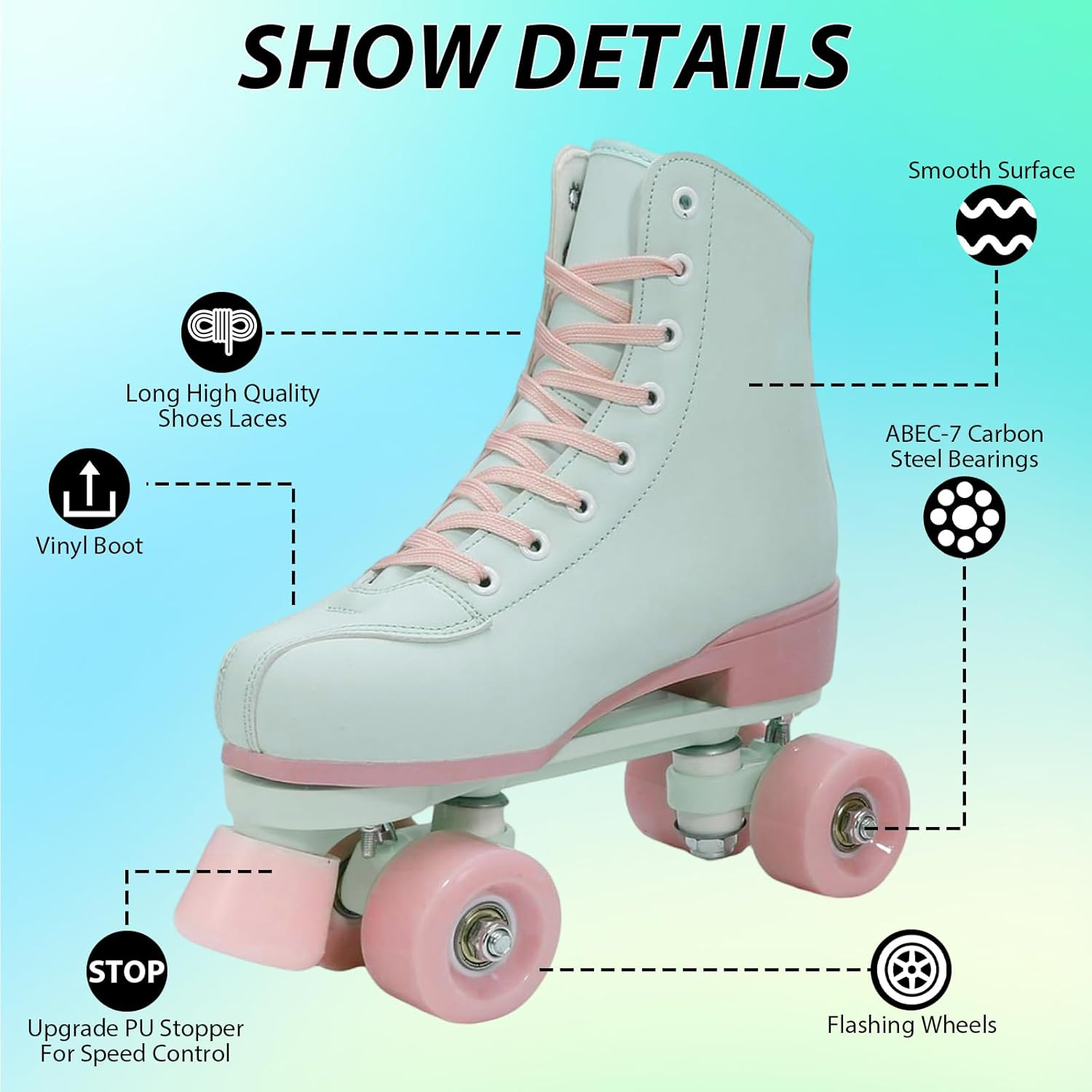 XUDREZ Roller Skates for Women Girls Light up Adult Roller Derby Skates Double Row PU Leather Skates for Youth Beginner Outdoor image number 3