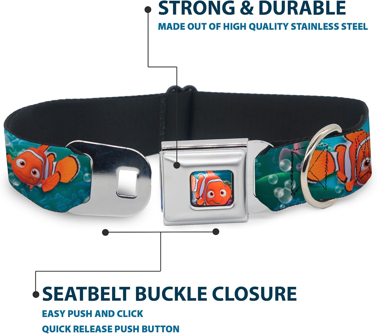 Dog Collar Seatbelt Buckle Nemo Dory Poses 18 to 32 Inches 1.5 Inch Wide image number 3