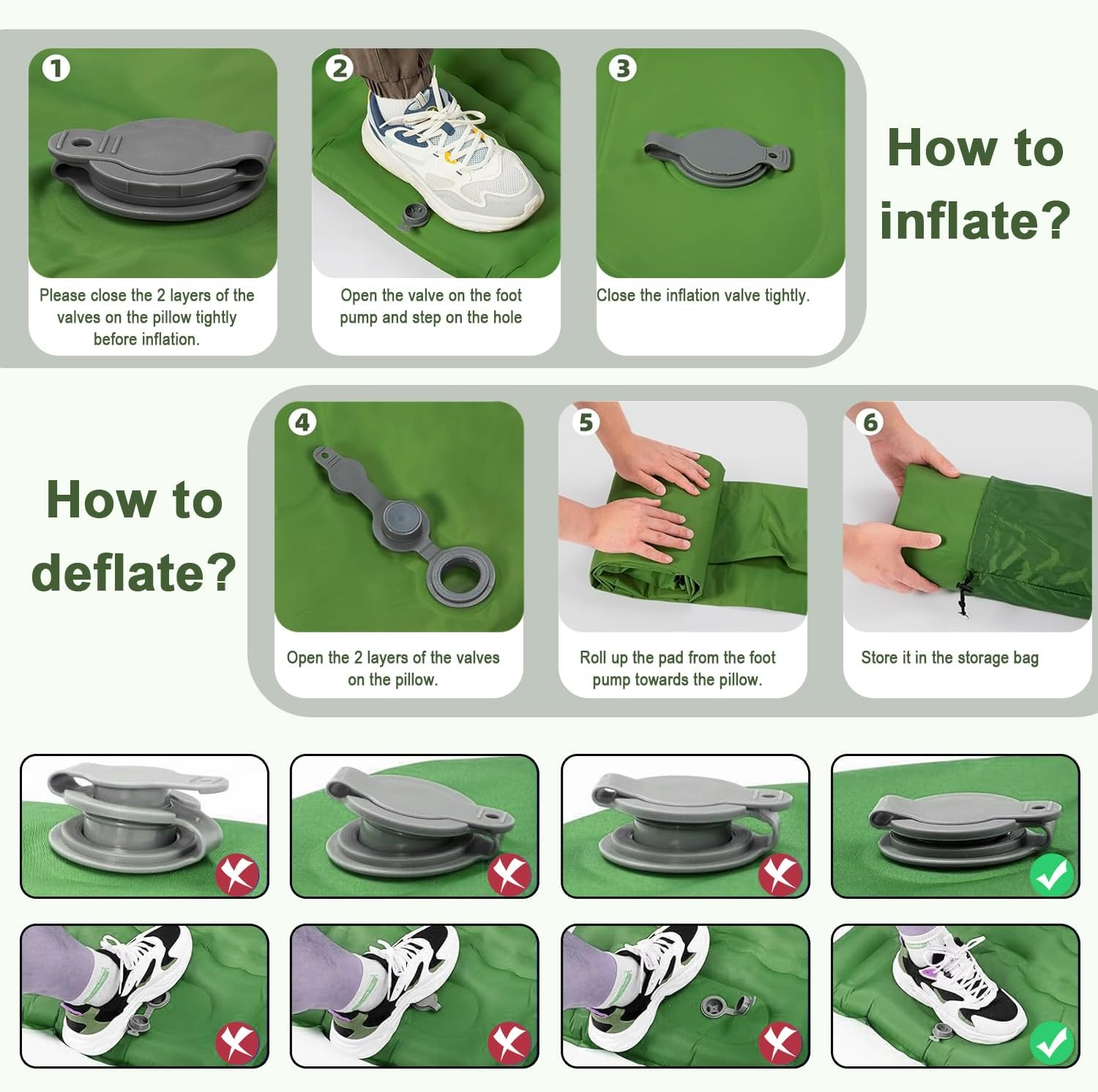 Extra Thick 5" Inflatable Camp Mat with Integrated Pillow & Foot Pump | Portable Airbed for Outdoor Adventures | Compact Travel Sleep System (Green)