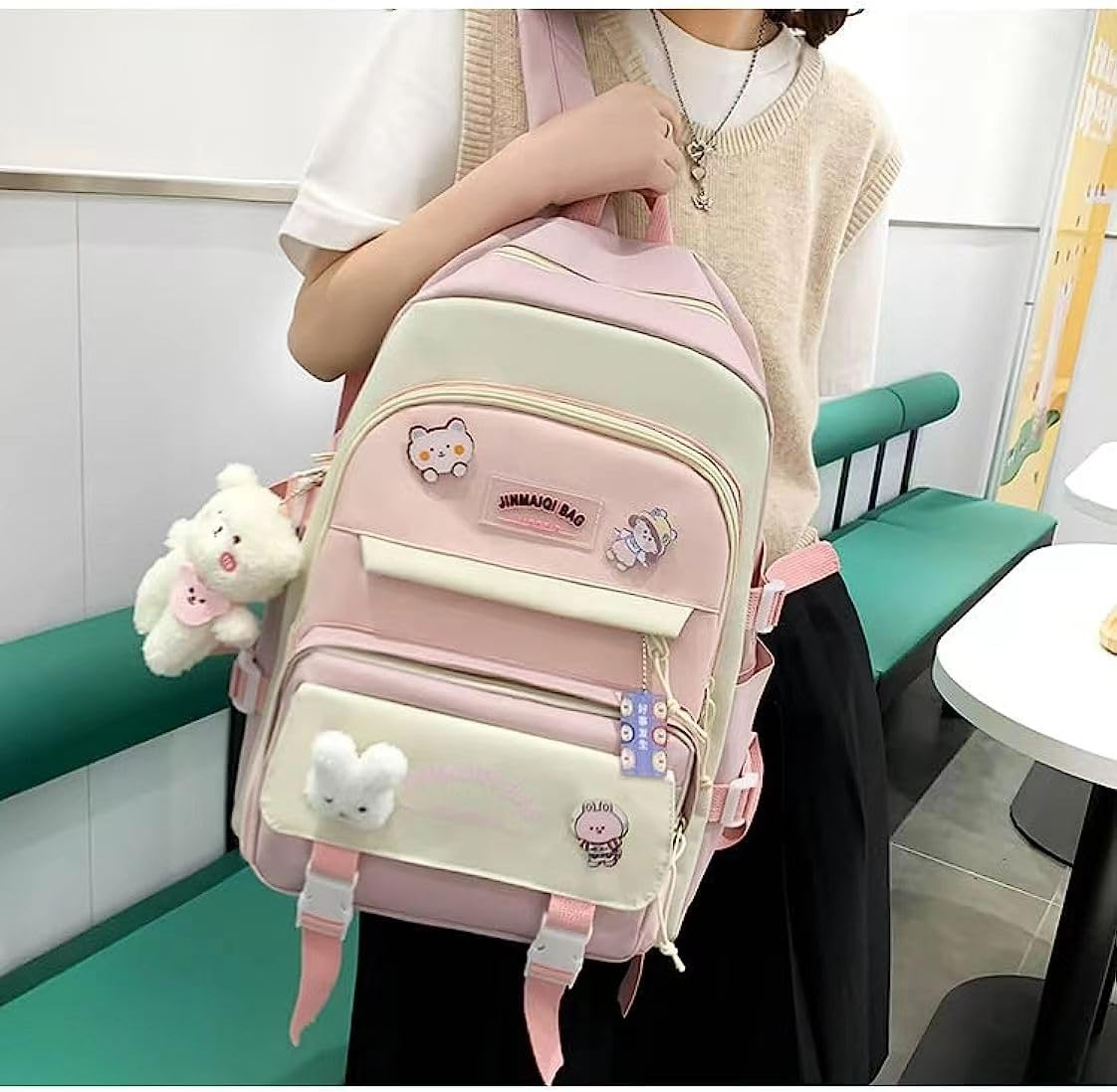 5 Pcs Cute Aesthetic Backpack Set with Pins and Pendant Kawaii Japanese Backpack College Laptop Bookbag Preppy Backpack
