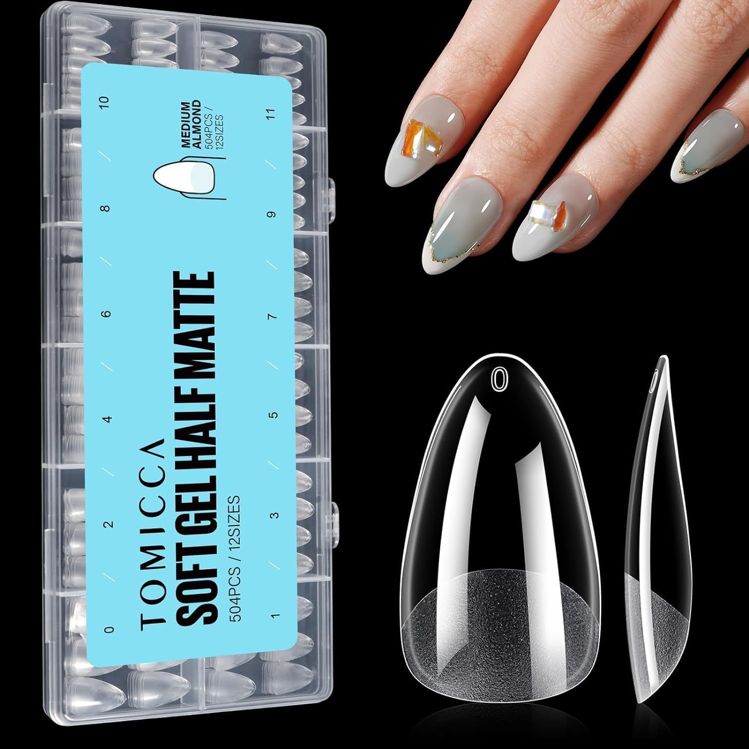 TOMICCA Short Almond Soft Gel Nail Tips, 504PCS Clear Half Matte Full Cover for Nail-Extensions, Pre-Buff No File Break Resistant for Nail Art Salon and Home DIY, 12 Sizes