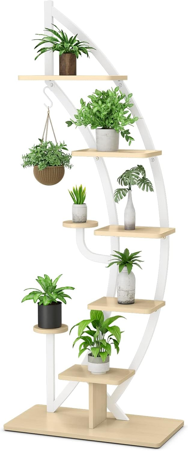 Costway 6-Tier Tall Metal Plant Stand Rack, Curved Half Moon Shape Ladder Planter Shelf W/ Top Hook, Anti-Toppling Device, Modern Flower Pot Holder, Indoor Metal Flower Shelf for Balcony, Living Room